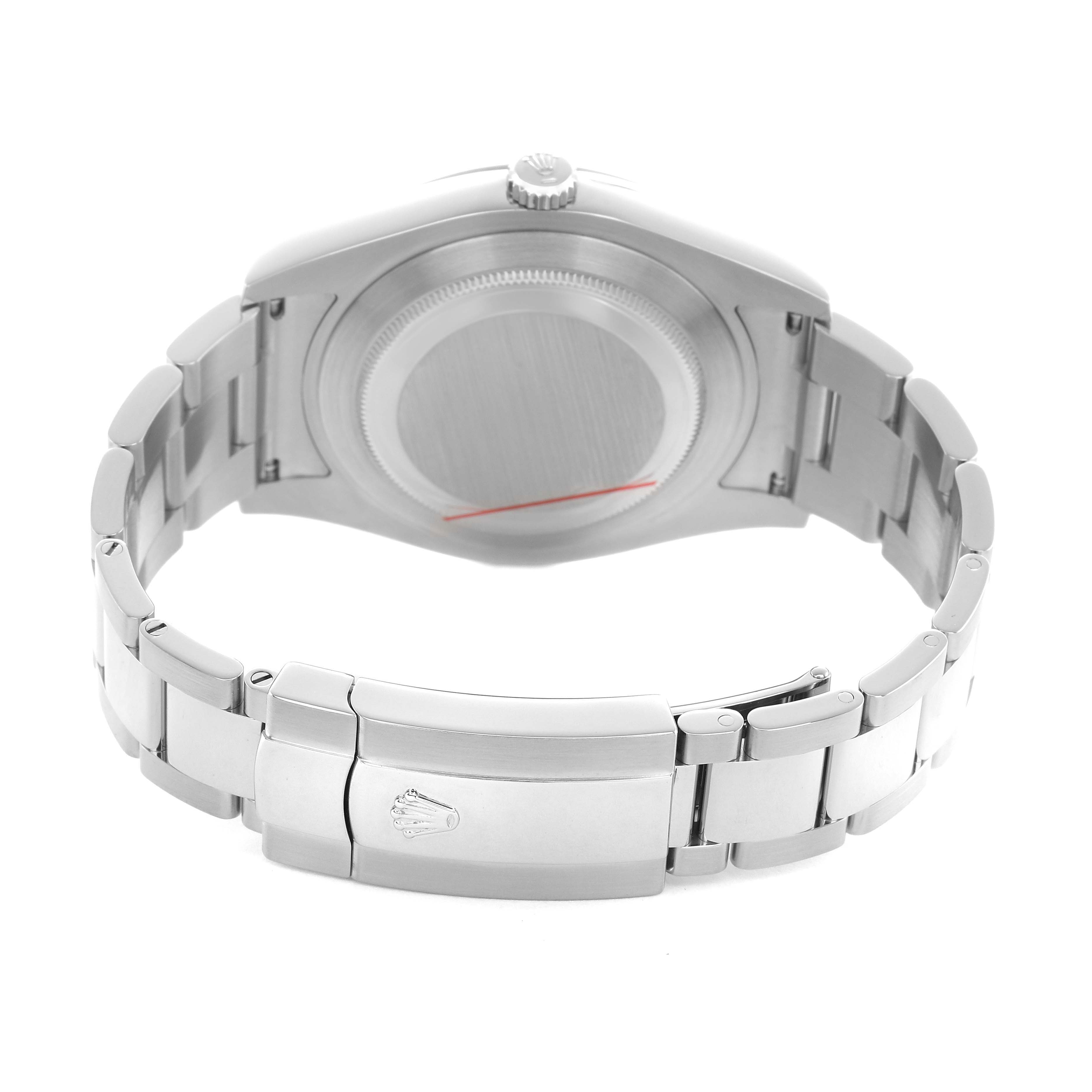 The image shows the back case and clasp of the Rolex Datejust 41 116300 Men's Stainless Steel Blue Dial, highlighting the bracelet links and engraved clasp.