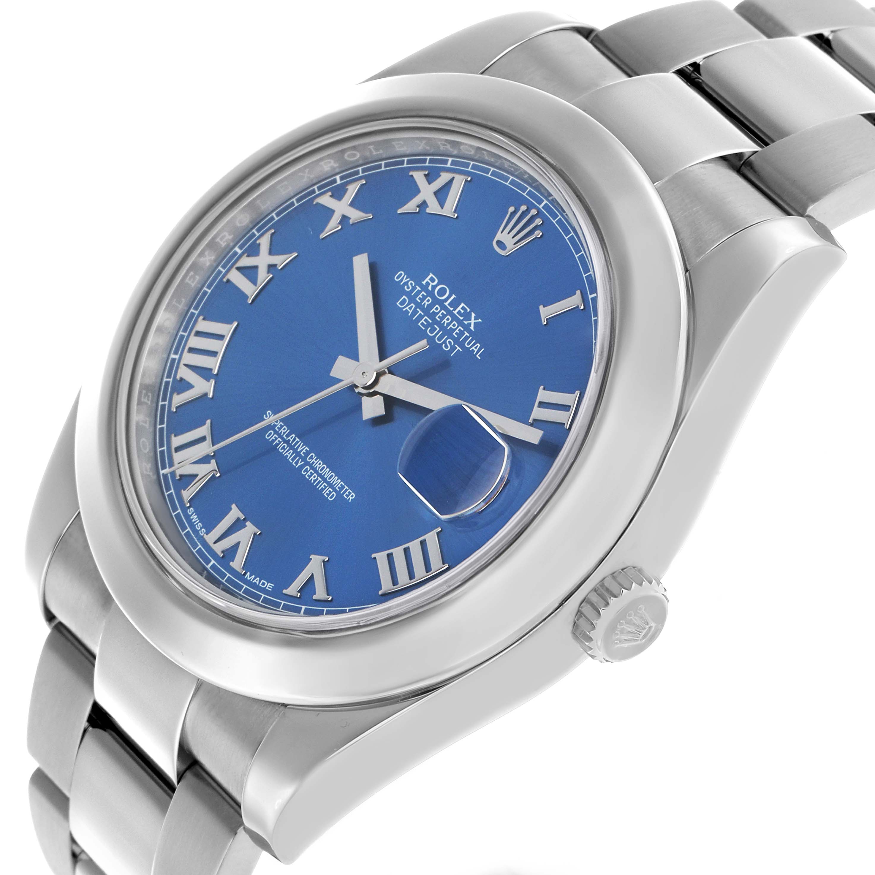 The Rolex Datejust 41 116300 Men's Stainless Steel Blue Dial is shown from a side angle highlighting the blue dial, bezel, crown, and bracelet.