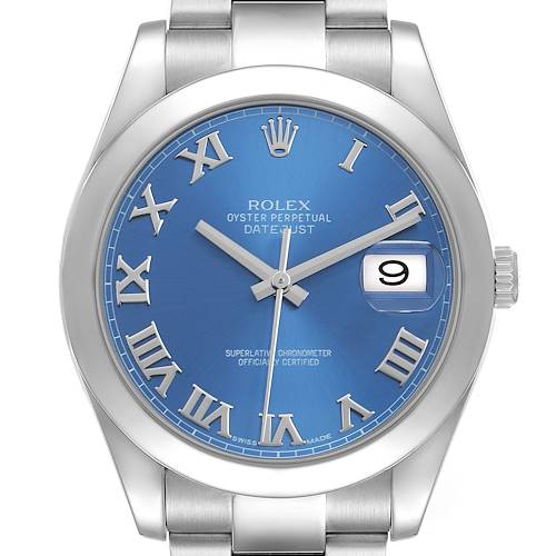 The Rolex Datejust 41 116300 Men's Stainless Steel Blue Dial watch is shown from a front angle, highlighting the blue dial, Roman numerals, and date window.