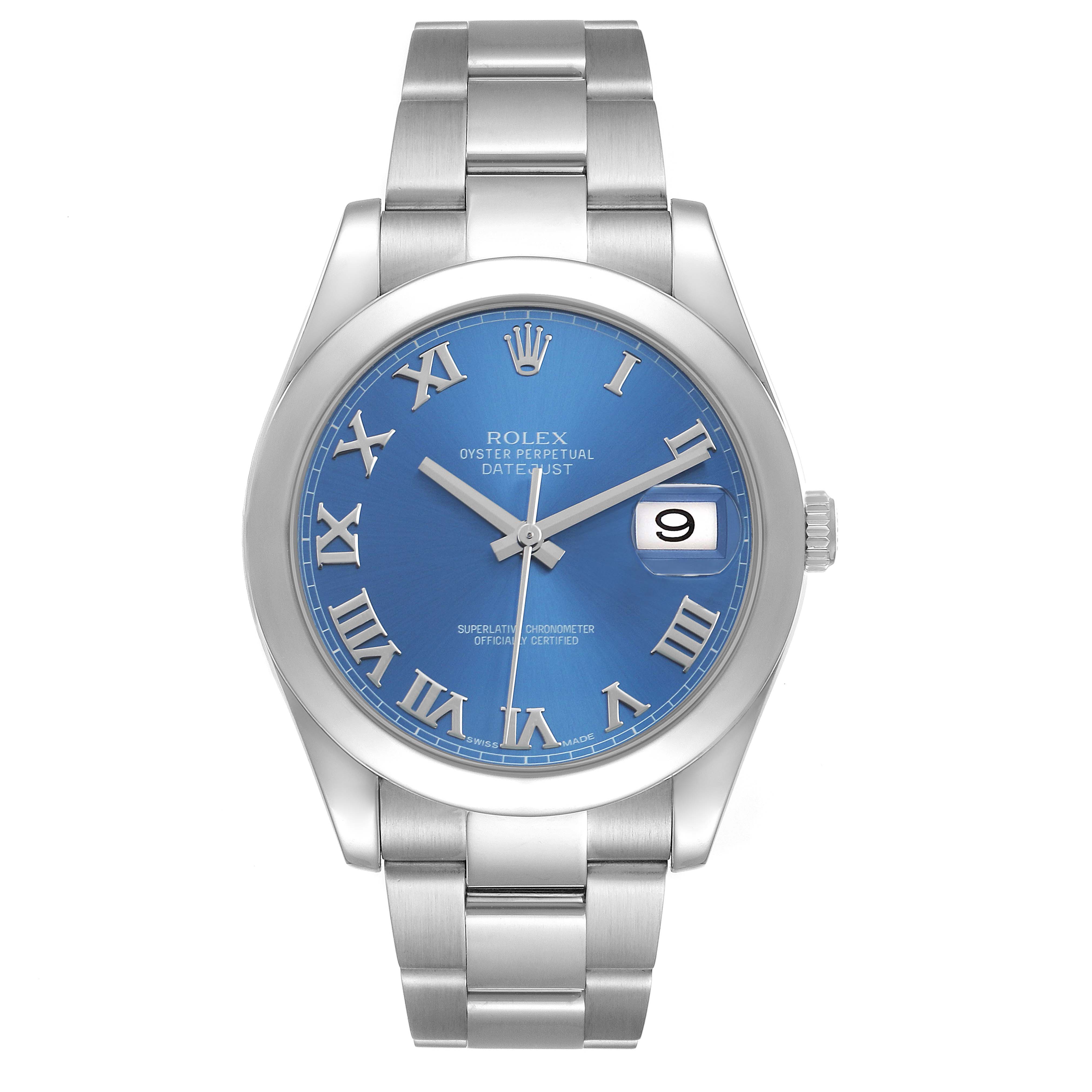 The Rolex Datejust 41 116300 Men's Stainless Steel Blue Dial is shown from a front angle, highlighting the blue dial, Roman numerals, bracelet, and date window.