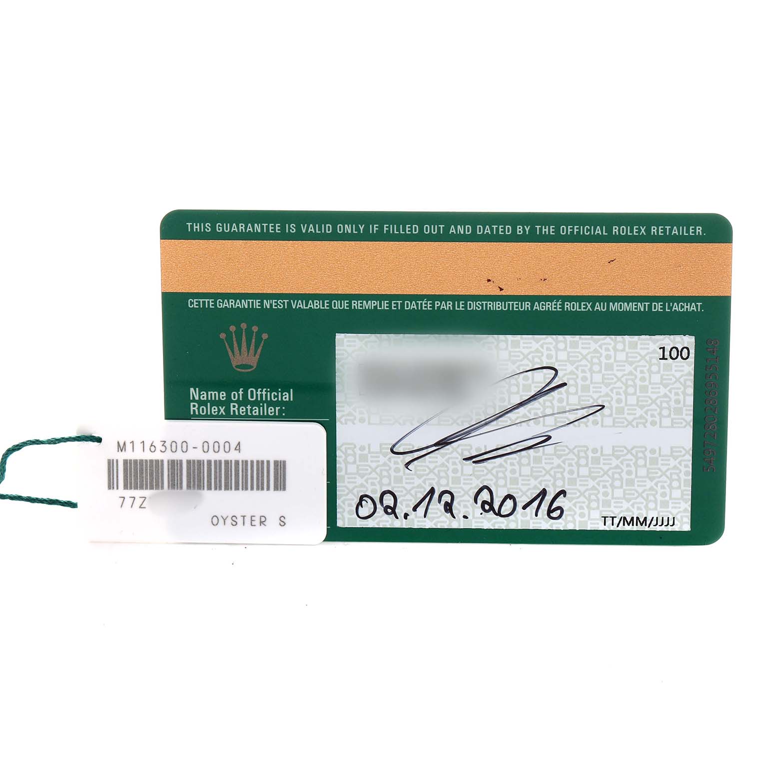 The image shows a warranty card and tag for a Rolex Datejust 41 116300 Men's Stainless Steel Blue Dial, displaying model information and the purchase date.