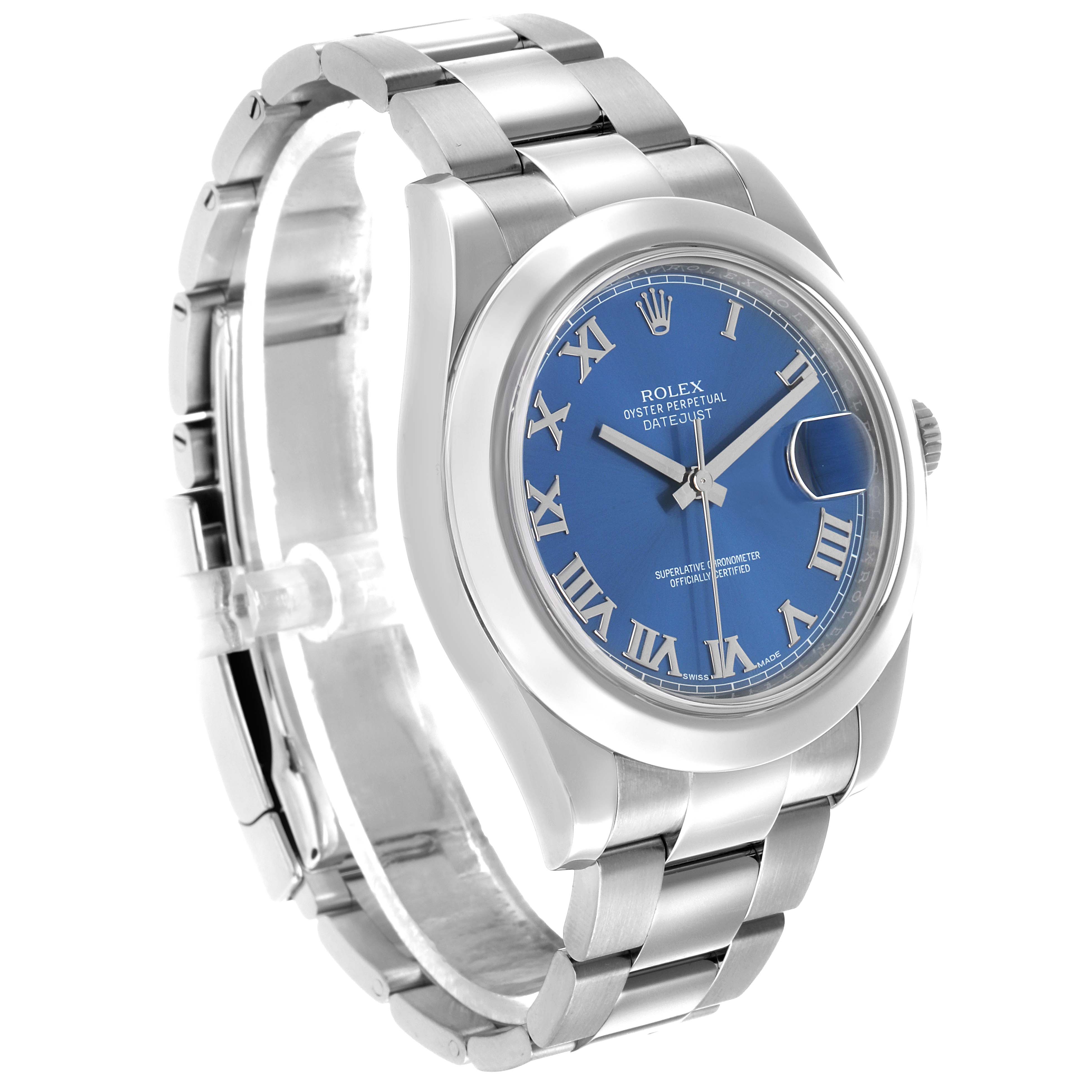 The Rolex Datejust 41 116300 Men's Stainless Steel Blue Dial watch is shown at a slight angle, displaying the face, bezel, bracelet, and crown.