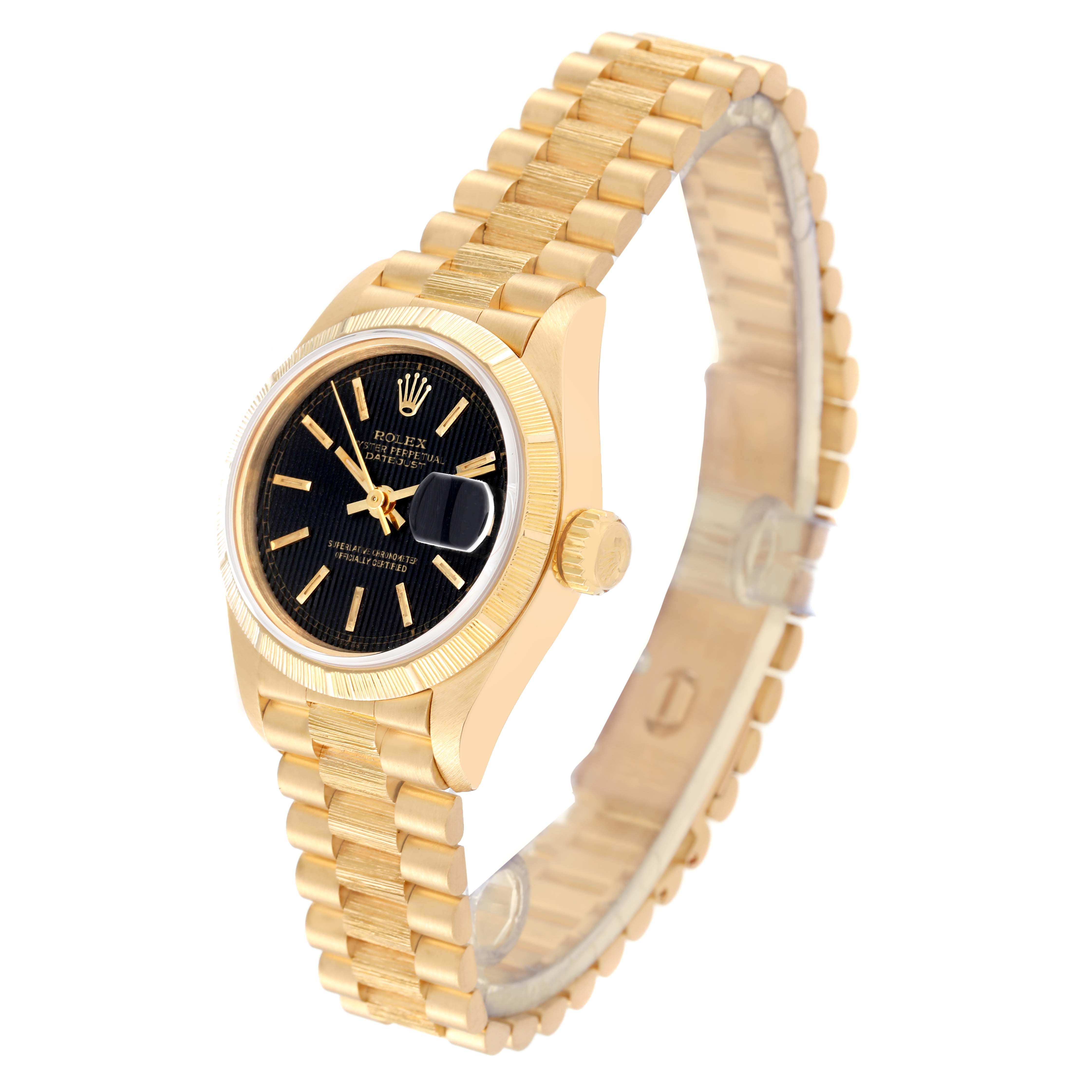 The Rolex Datejust 69278 Women's Yellow Gold Black Dial 69278 Women's Yellow Gold Black Dial watch is shown at a three-quarter angle, displaying the dial, bezel, crown, and bracelet links.