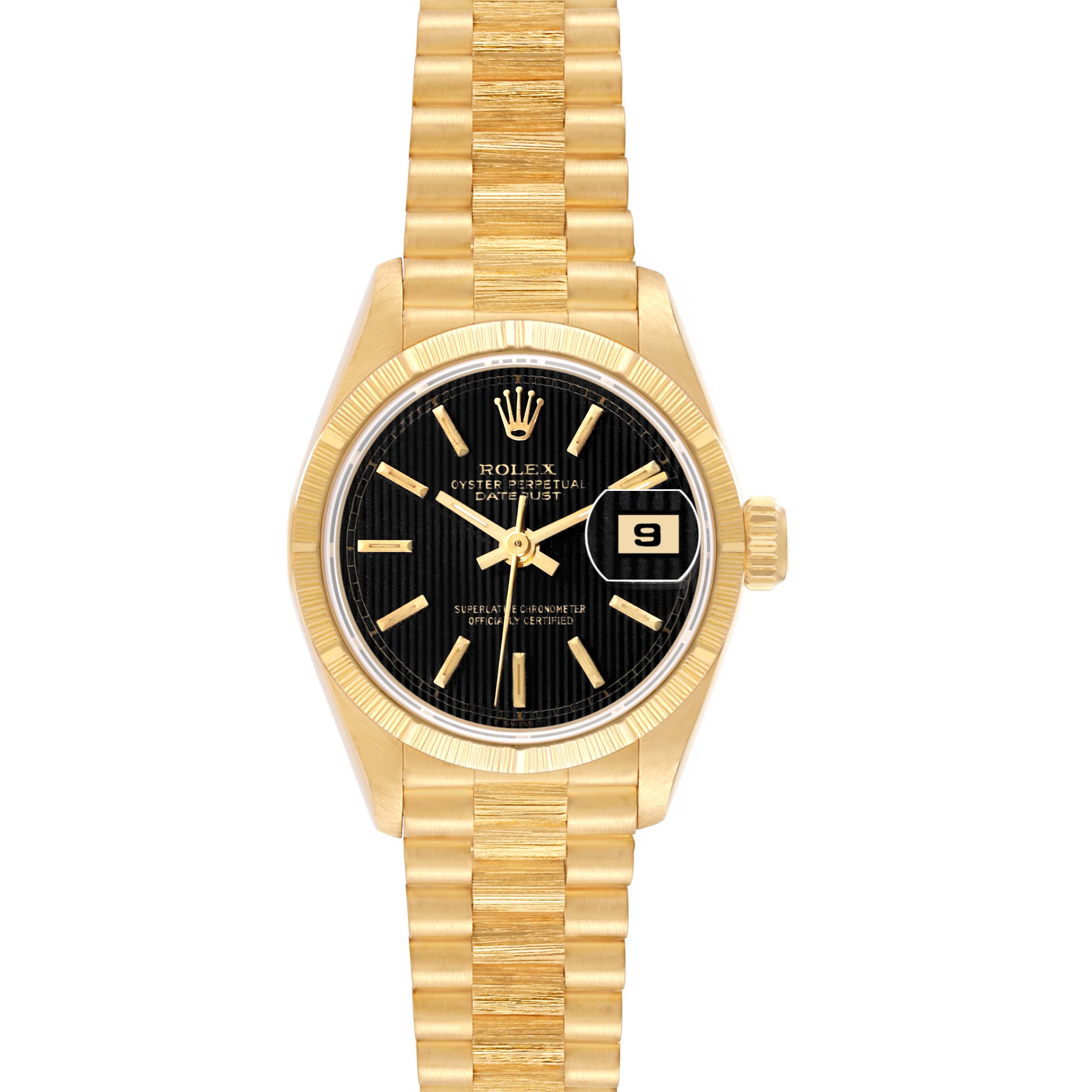 This image shows a front view of a Rolex Datejust 69278 Women's Yellow Gold Black Dial 69278 Women's Yellow Gold Black Dial model, featuring a black dial, gold case, and gold bracelet.