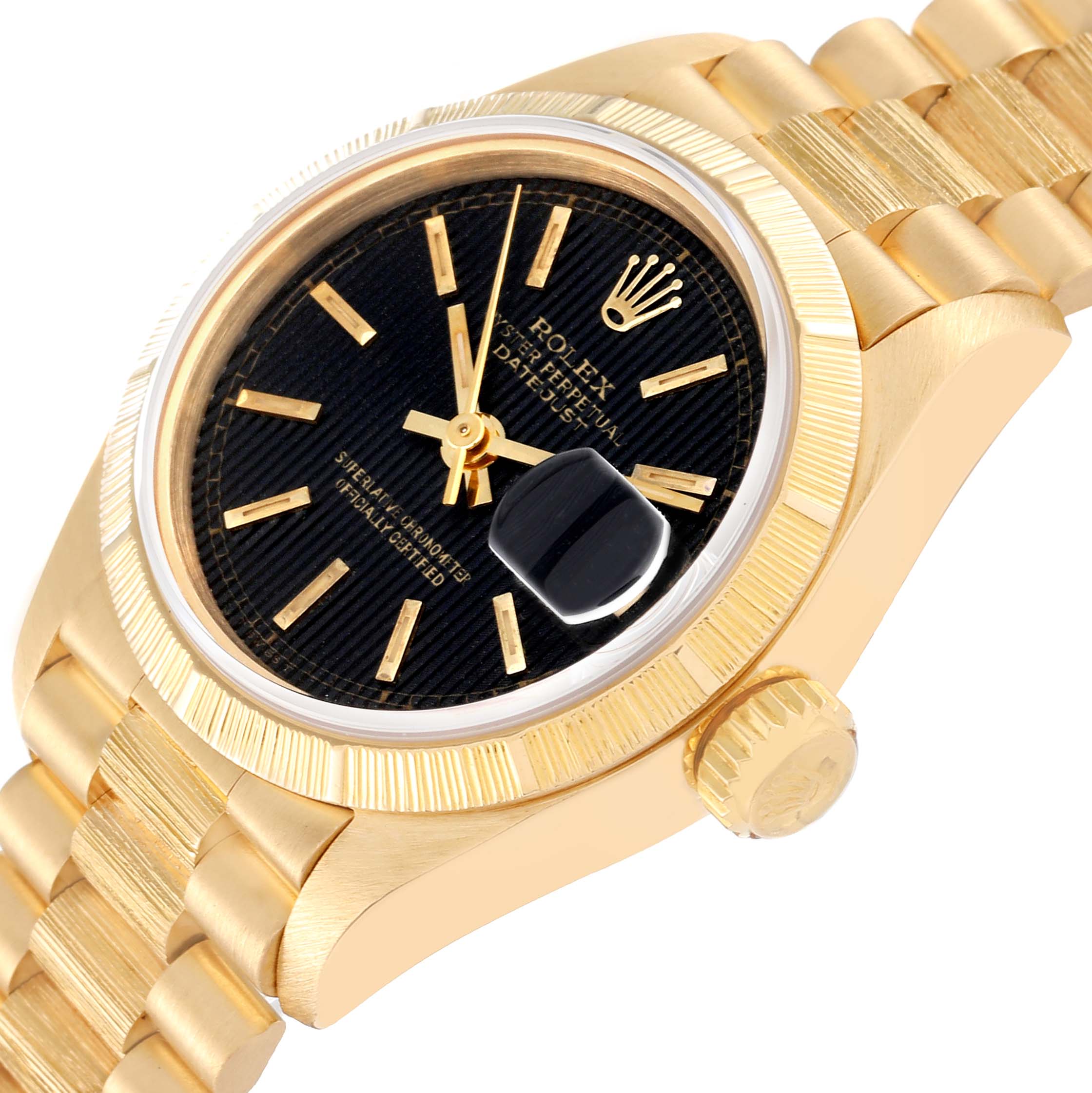 The image shows a Rolex Datejust 69278 Women's Yellow Gold Black Dial 69278 Women's Yellow Gold Black Dial watch from an angled side view, highlighting its gold case, bracelet, and black dial.