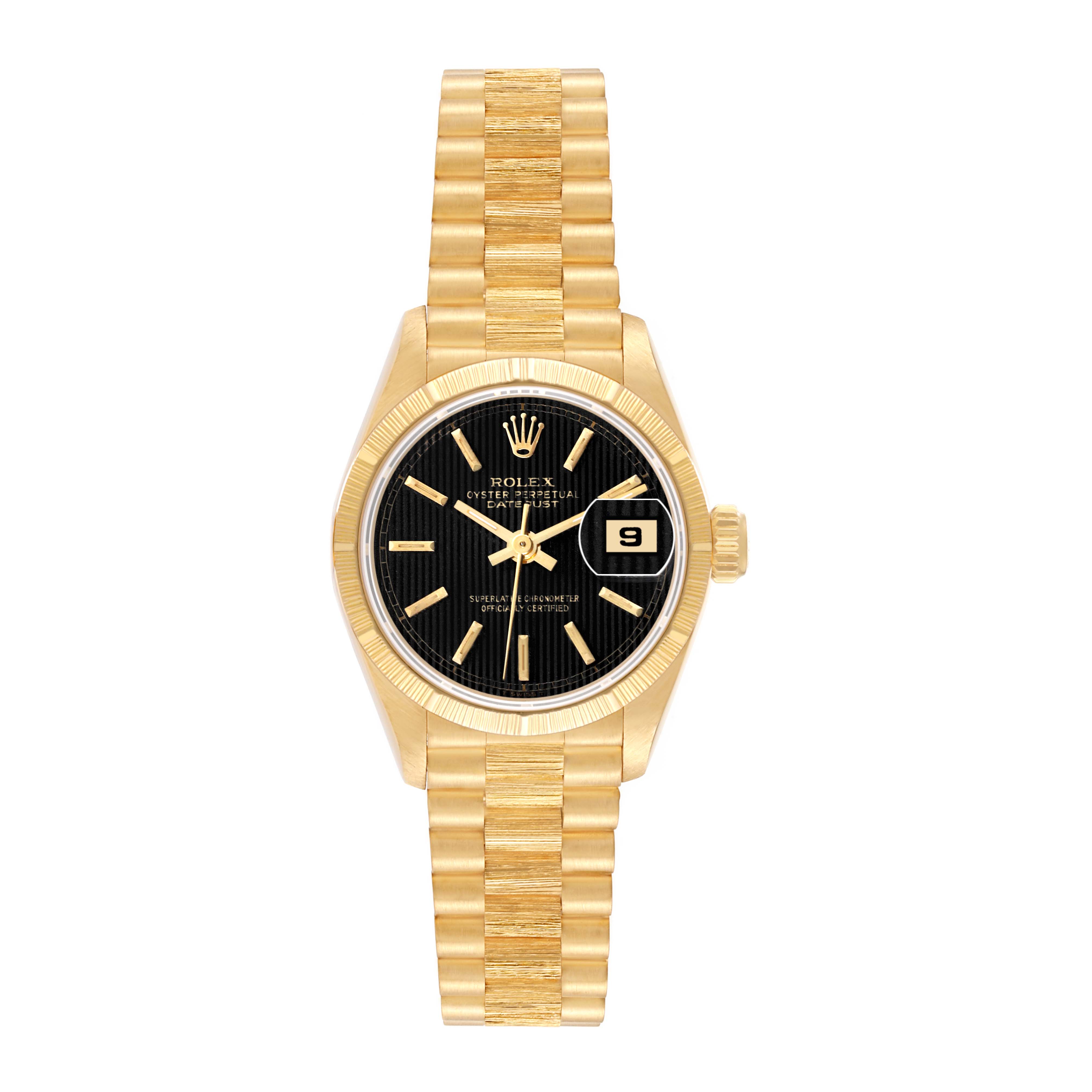 This image shows a frontal view of a Rolex Datejust 69278 Women's Yellow Gold Black Dial 69278 Women's Yellow Gold Black Dial watch, showcasing its dial, bracelet, and date function.