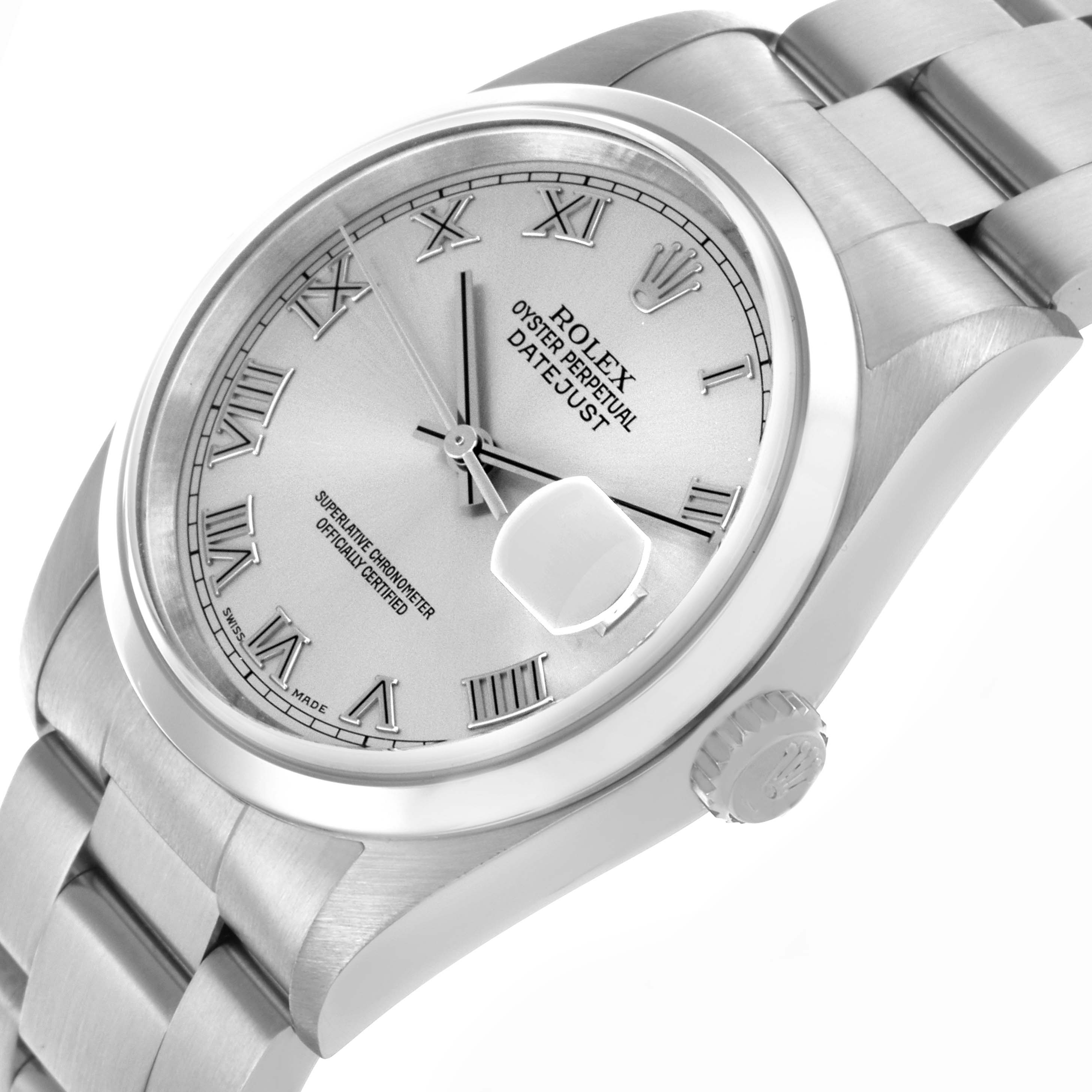 The Rolex Datejust 16200 Men
s Stainless Steel Silver Dial 16200 Men
s Stainless Steel Silver Dial watch is shown at an angled side view, highlighting the face, crown, and bracelet.