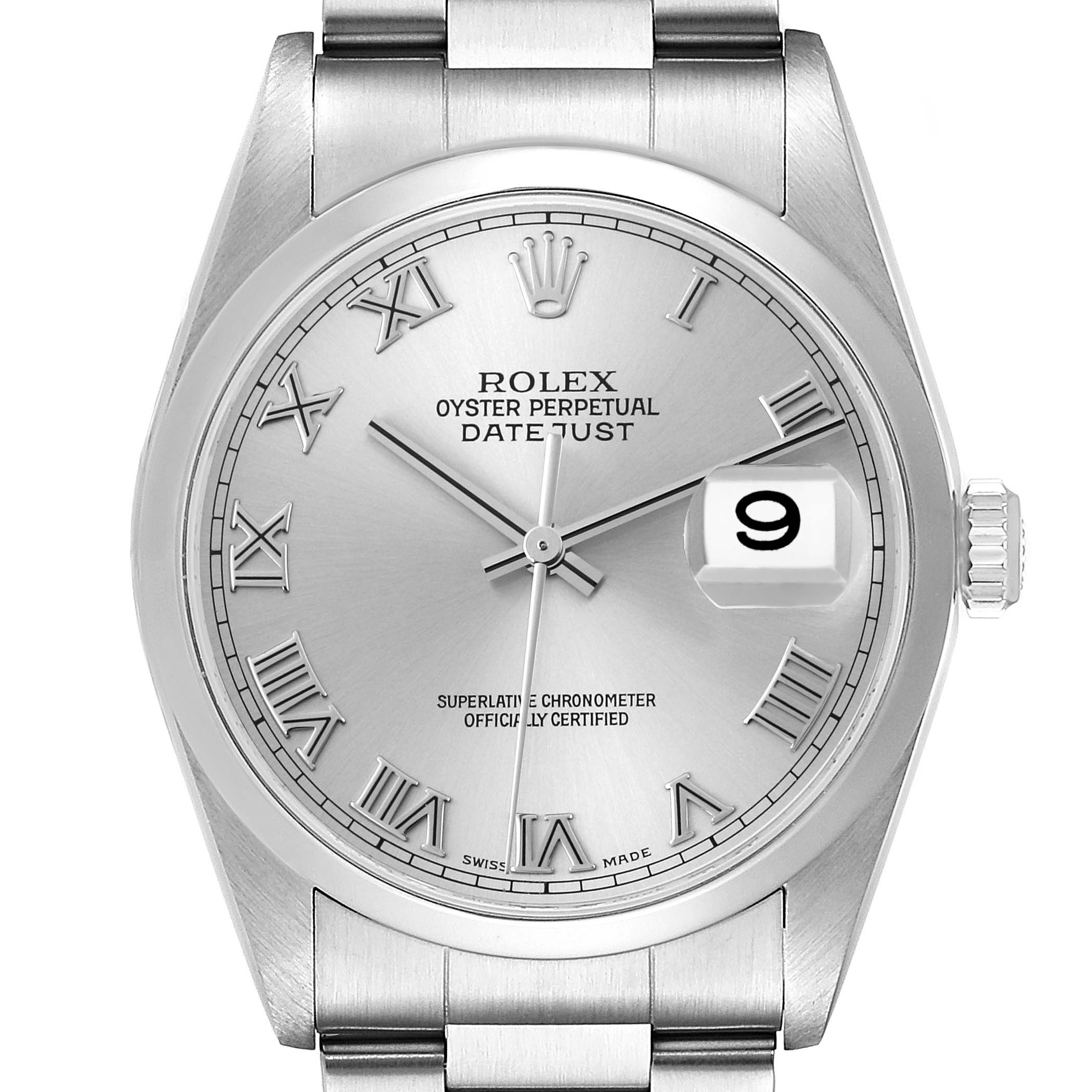 The Rolex Datejust 16200 Men
s Stainless Steel Silver Dial 16200 Men
s Stainless Steel Silver Dial watch is shown from a top-down angle, highlighting the dial, hands, and bracelet.