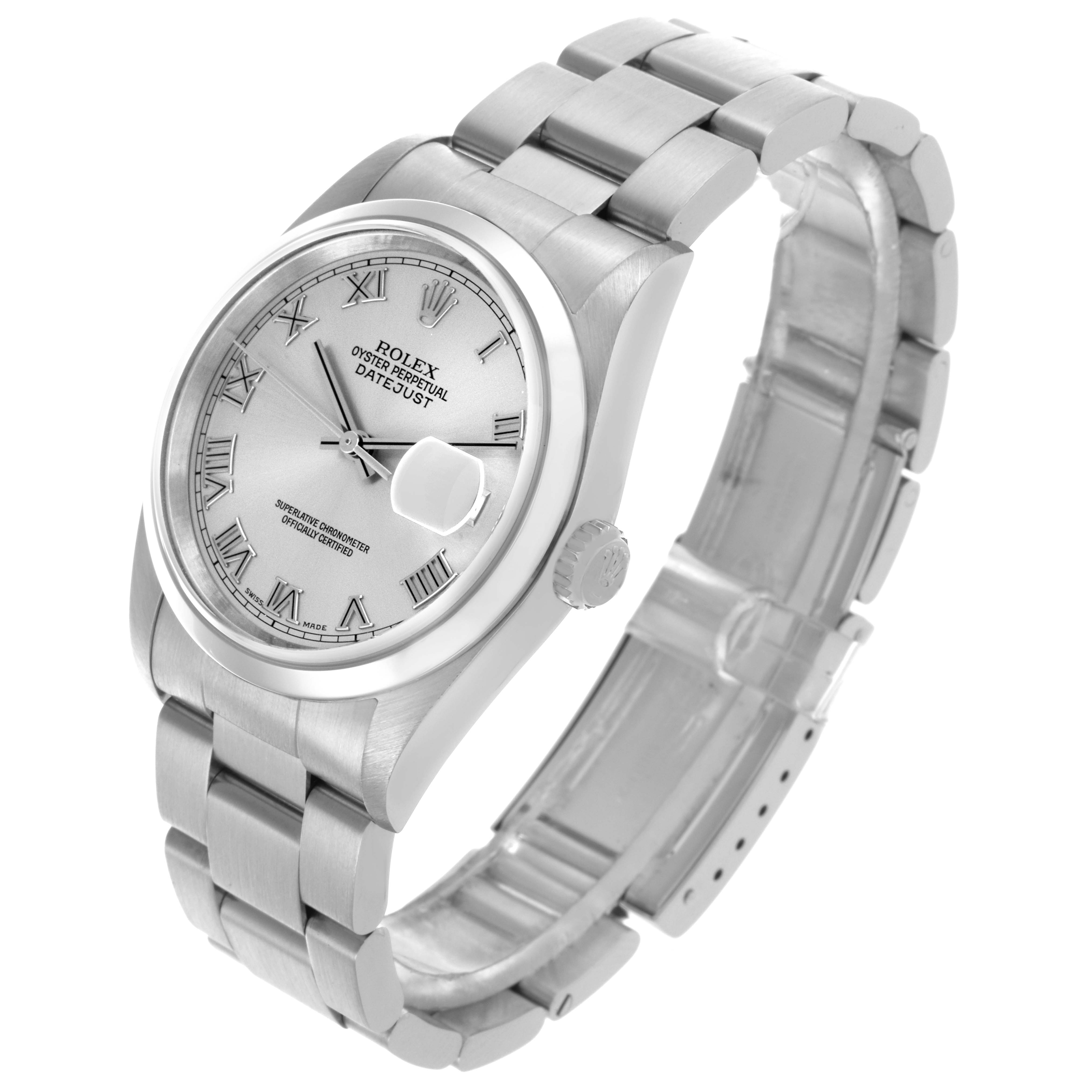 The Rolex Datejust 16200 Men
s Stainless Steel Silver Dial 16200 Men
s Stainless Steel Silver Dial watch is shown at an angled side view displaying the dial, case, crown, and bracelet.