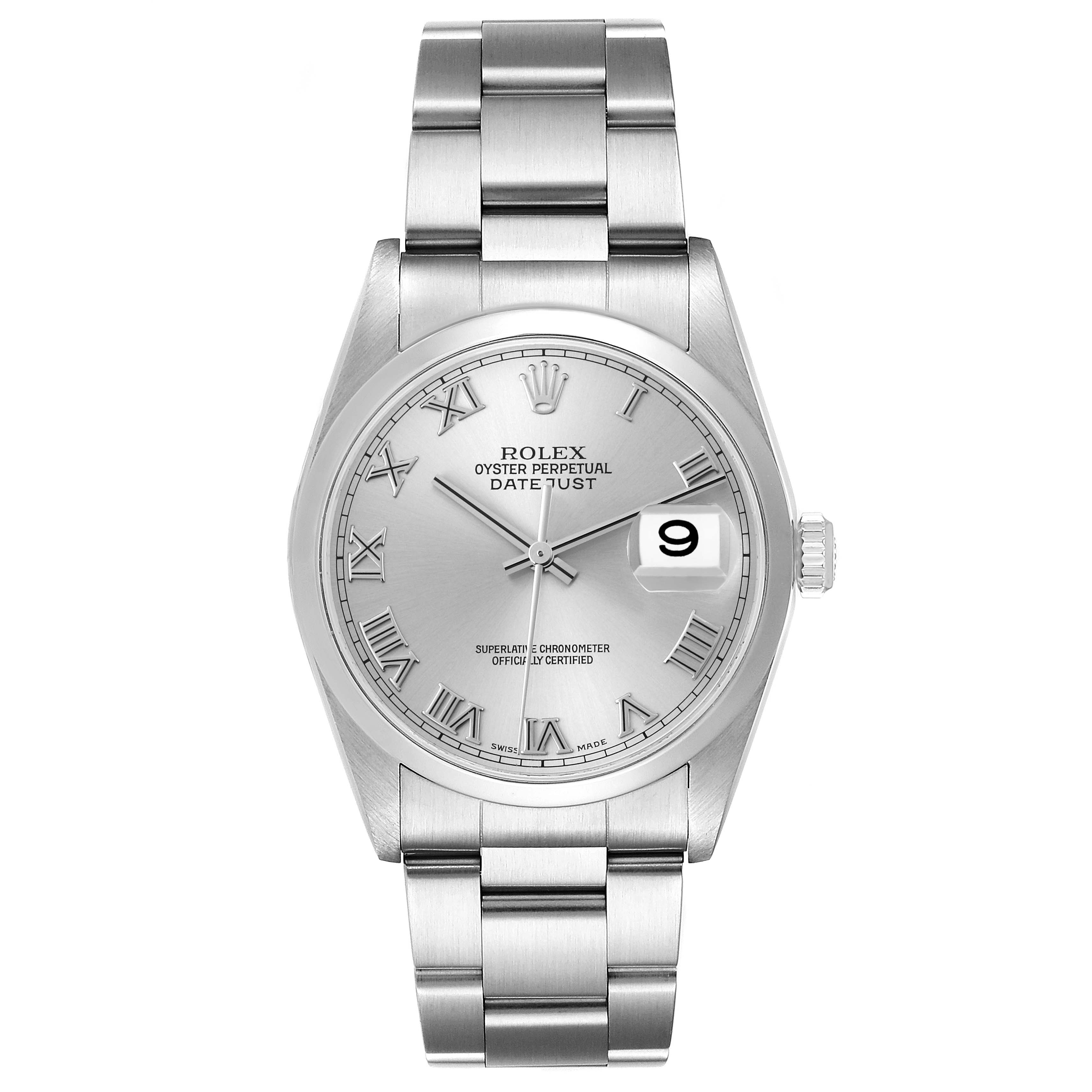 The Rolex Datejust 16200 Men
s Stainless Steel Silver Dial 16200 Men
s Stainless Steel Silver Dial watch is shown from a front angle, displaying the dial and bracelet.