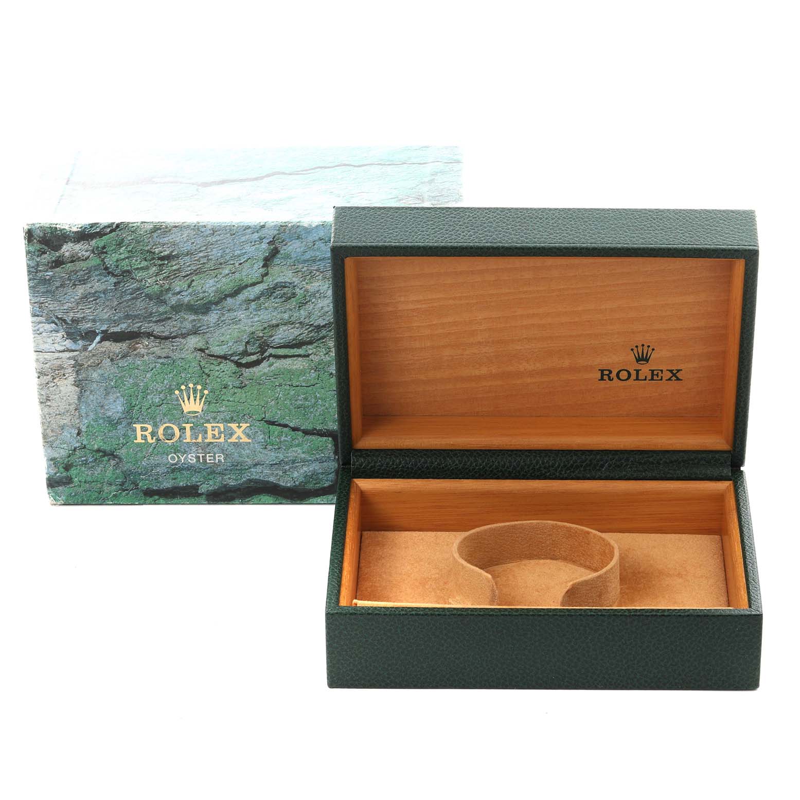 The image shows a Rolex Datejust 16200 Men
s Stainless Steel Silver Dial 16200 Men
s Stainless Steel Silver Dial watch box from an above angle, displaying the interior and exterior.