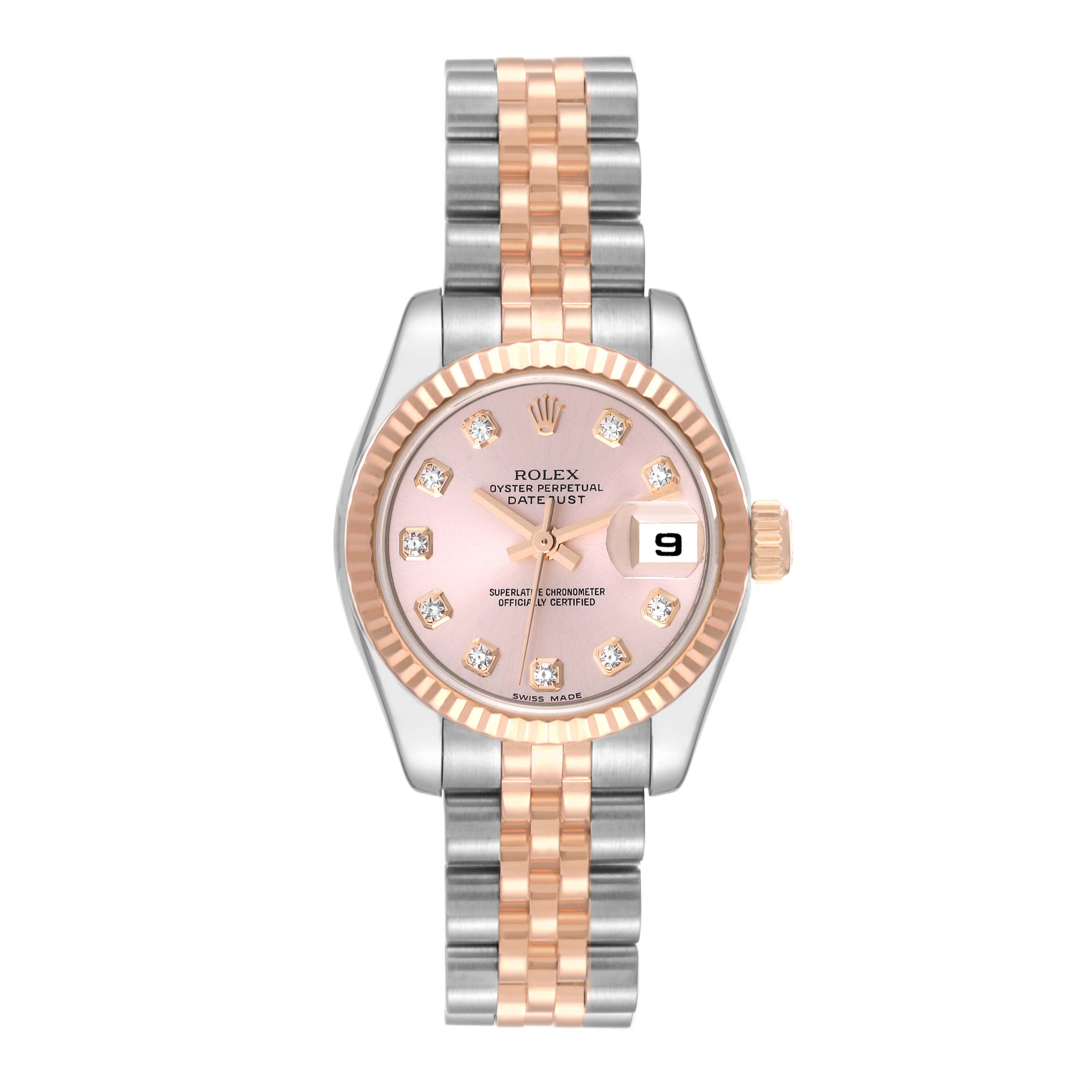 This image shows a front view of a Rolex Datejust 179171 Women's Steel and Gold (two tone) Pink Dial 179171 Women's Steel and Gold (two tone) Pink Dial watch, highlighting its rose gold and steel bracelet, pink dial, and diamond hour markers.