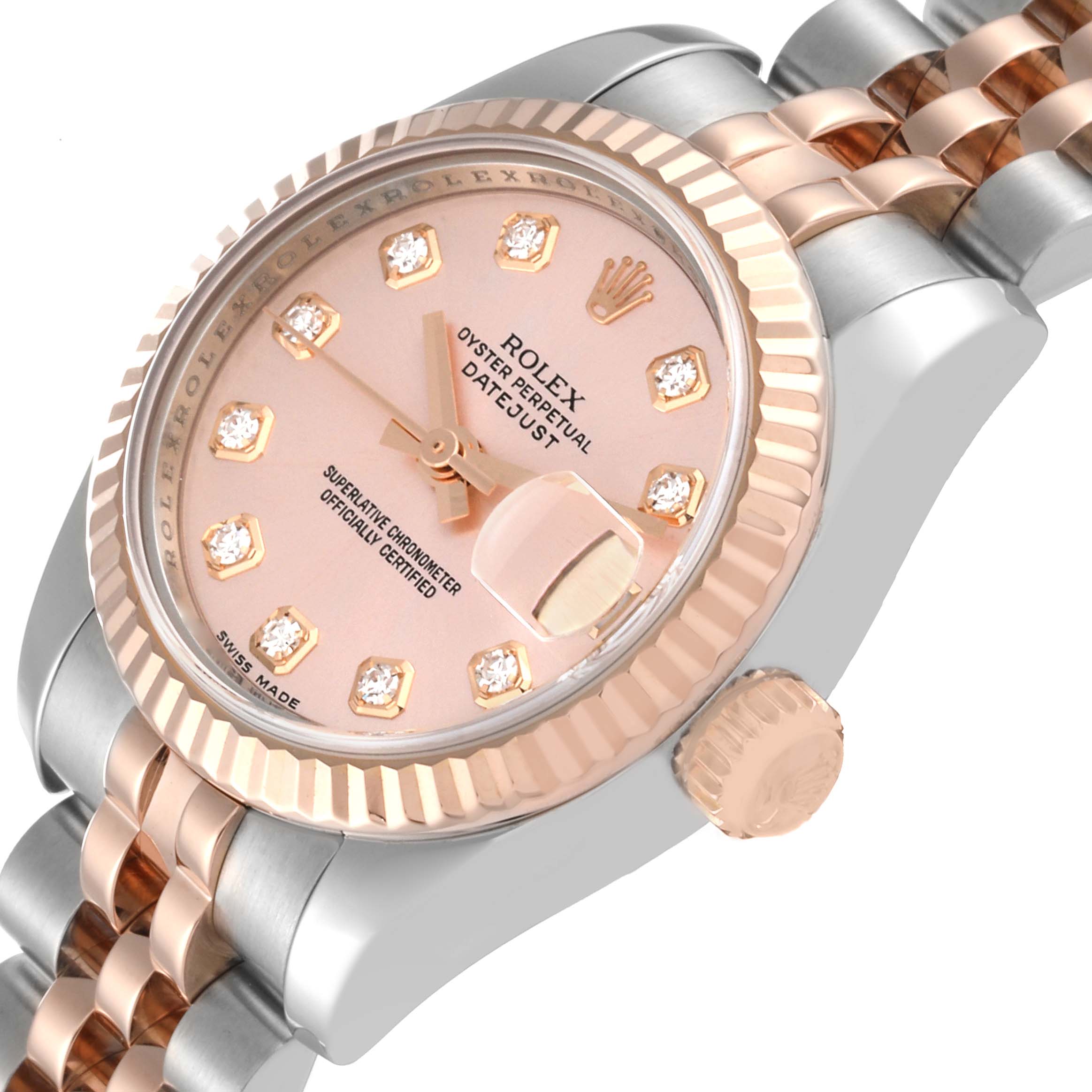 The image shows a close-up of a Rolex Datejust 179171 Women's Steel and Gold (two tone) Pink Dial 179171 Women's Steel and Gold (two tone) Pink Dial watch face, crown, bezel, and part of its two-tone bracelet band.