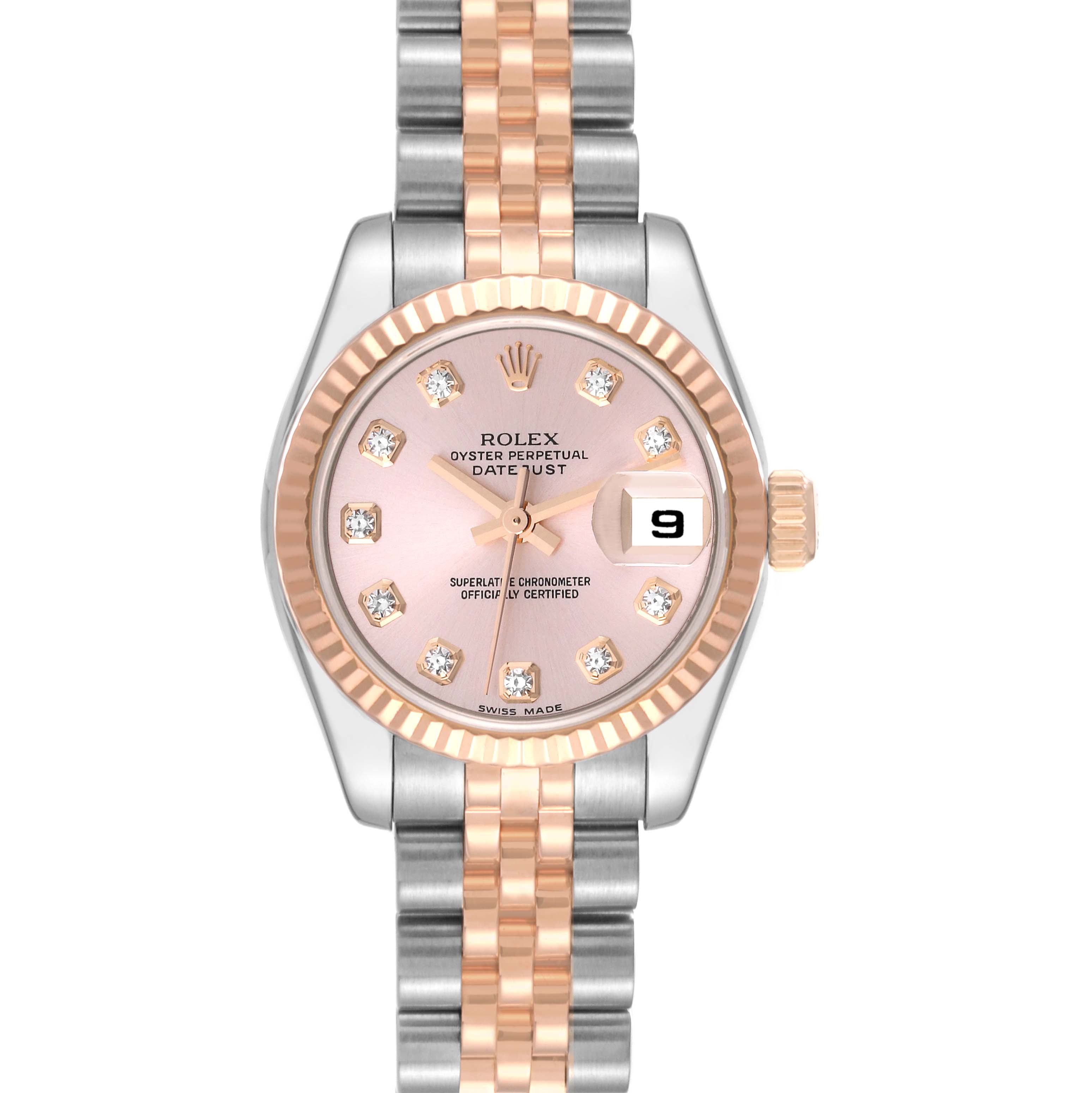 This is a front view of a Rolex Datejust 179171 Women's Steel and Gold (two tone) Pink Dial 179171 Women's Steel and Gold (two tone) Pink Dial watch, showing the dial, bezel, and part of the bracelet.