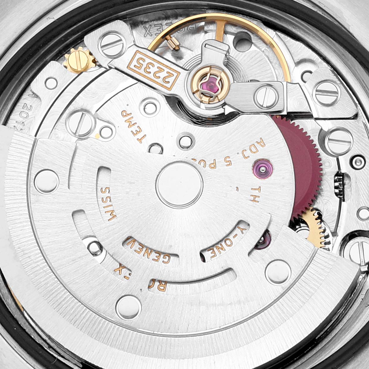 This image shows the intricate movement mechanism of a Rolex Datejust 179171 Women's Steel and Gold (two tone) Pink Dial 179171 Women's Steel and Gold (two tone) Pink Dial watch, viewed from the back.