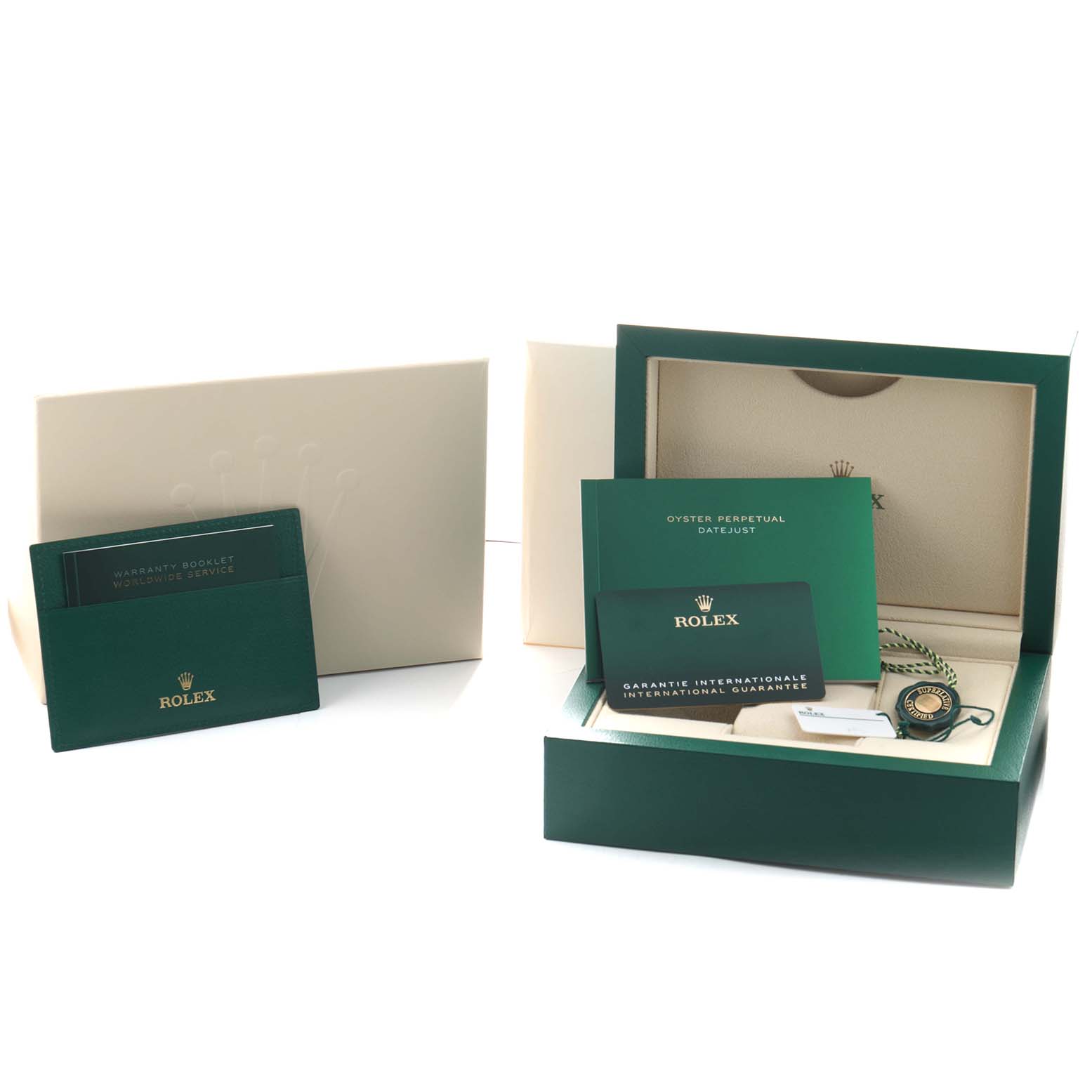 The image shows the packaging and accessories for a Rolex Datejust 126231 Men's Steel and Gold (two tone) Grey Dial, including the box, warranty card, and booklet from an overhead angle.