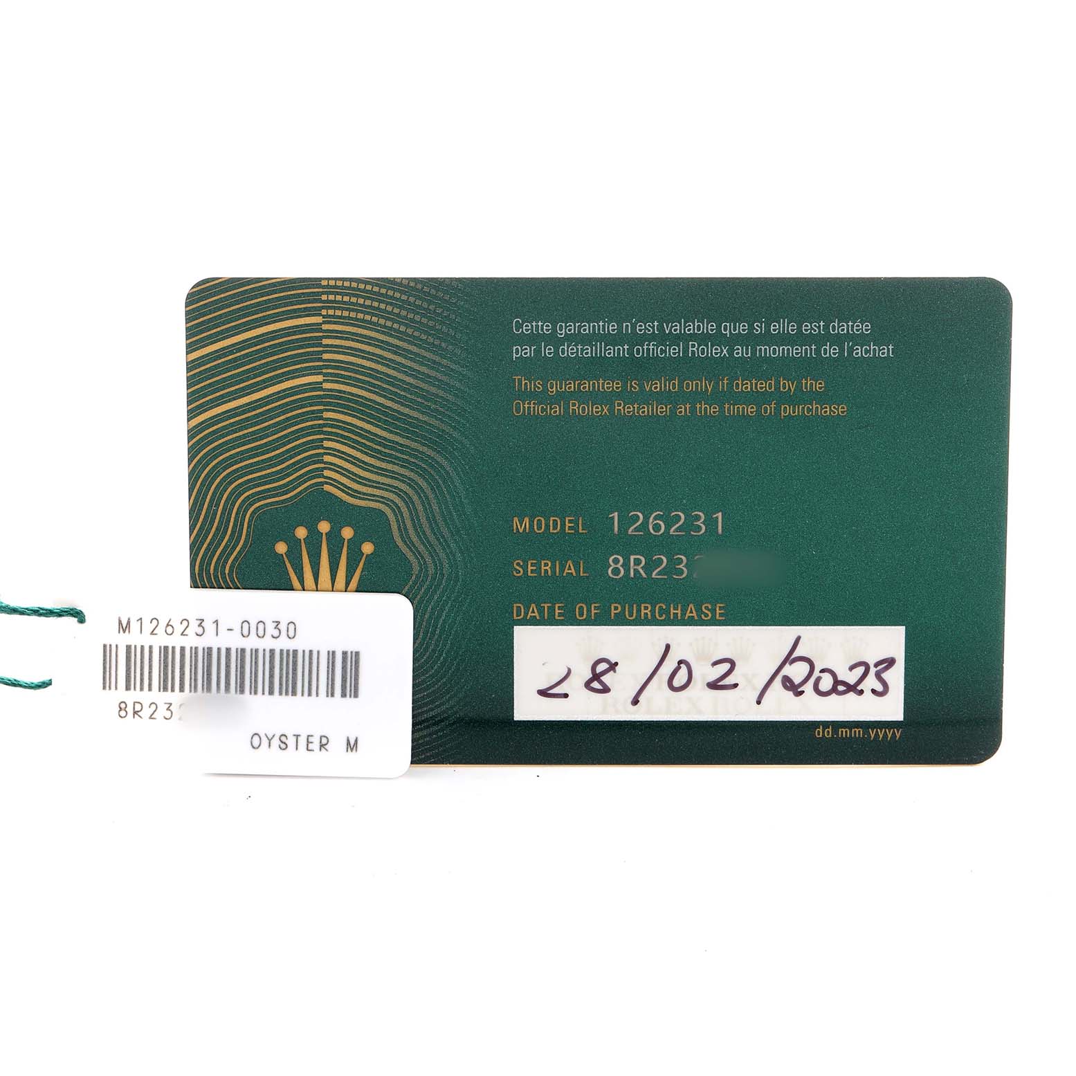 The image shows the warranty card and tag for a Rolex Datejust 126231 Men's Steel and Gold (two tone) Grey Dial, angle highlighting model and serial numbers.