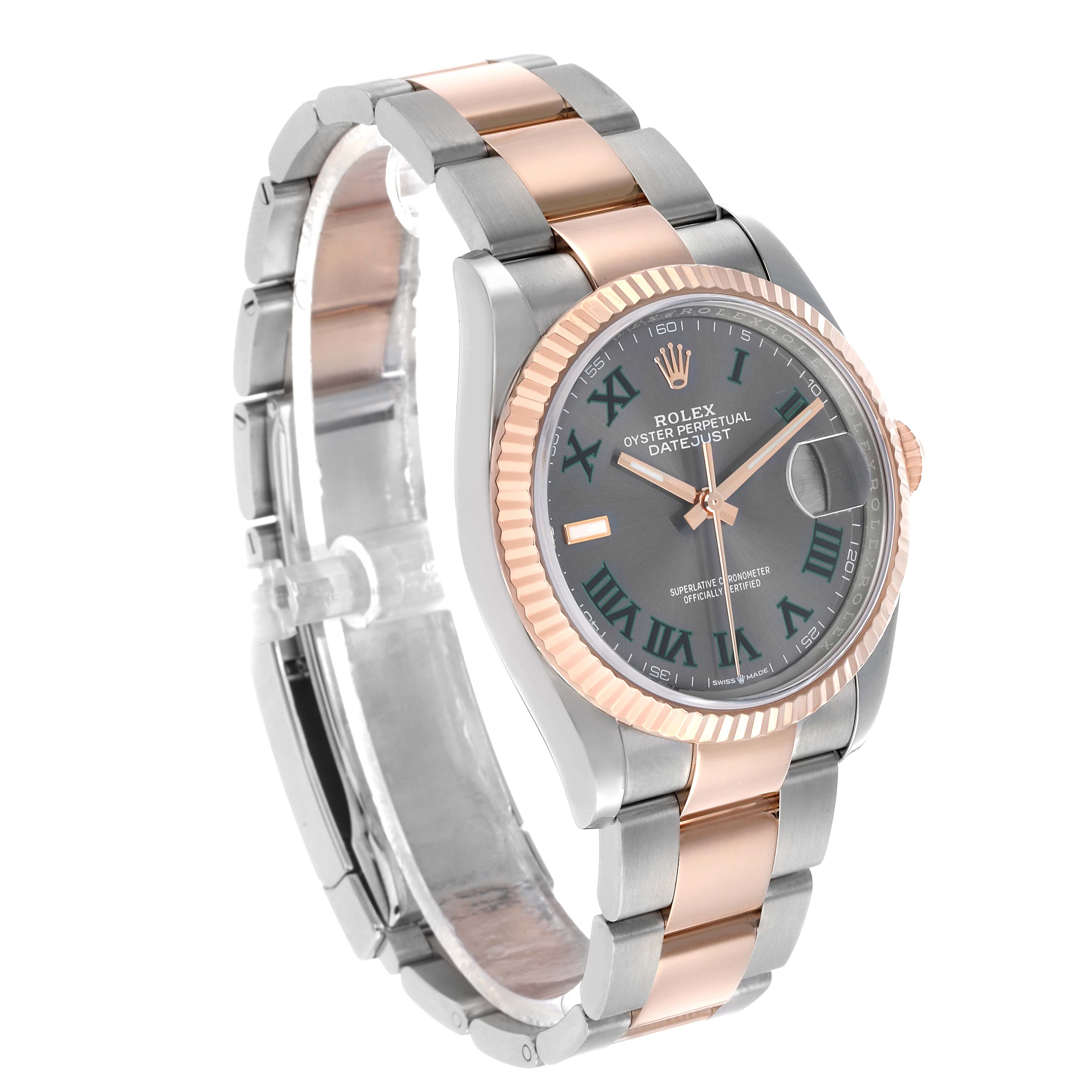 The Rolex Datejust 126231 Men's Steel and Gold (two tone) Grey Dial watch is shown at a three-quarter angle, highlighting the face, bezel, and bracelet with two-tone metal.