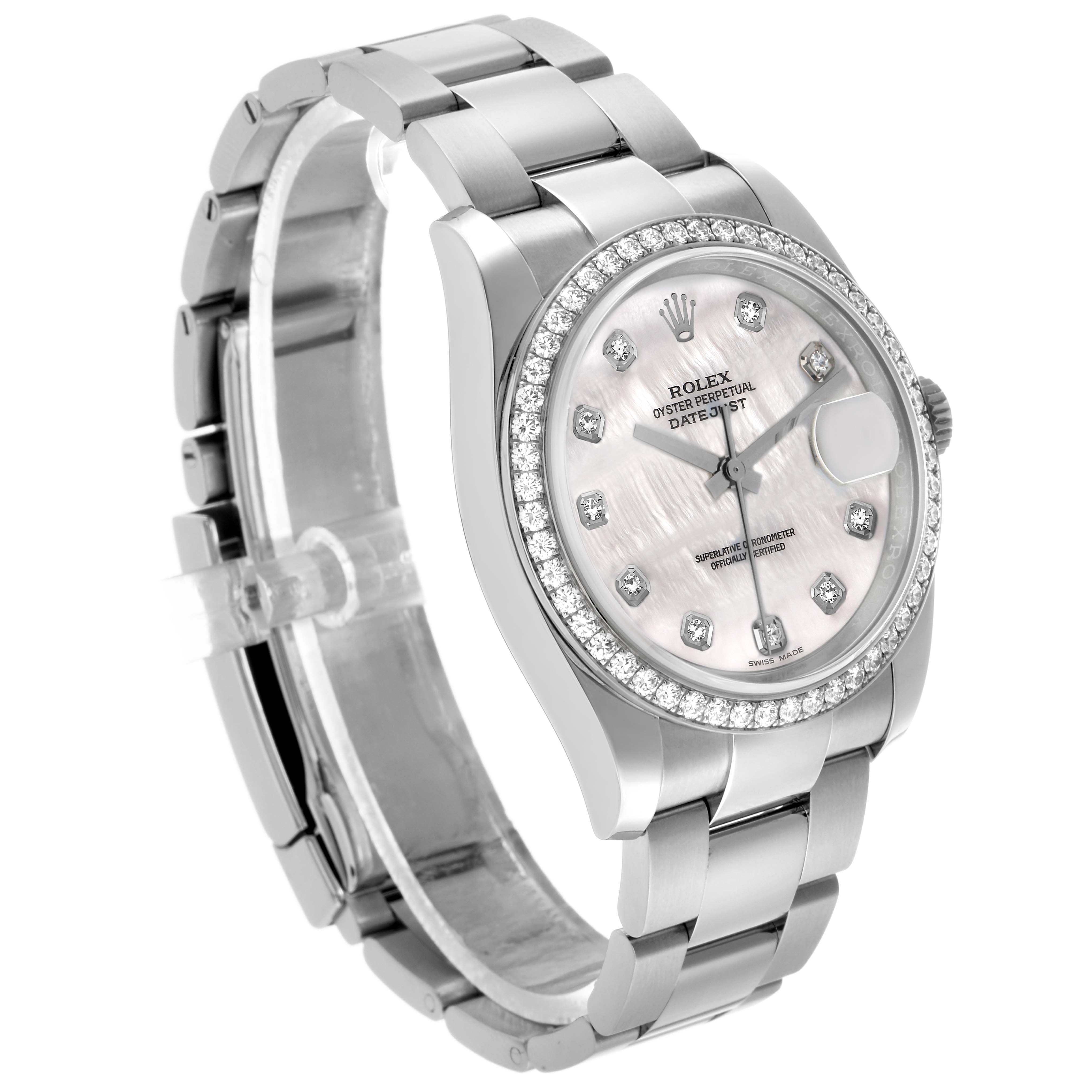 The Rolex Oyster Perpetual 116244 Men's Stainless Steel Mother of Pearl Dial watch is shown at a three-quarter angle, highlighting the face, bracelet, and bezel.
