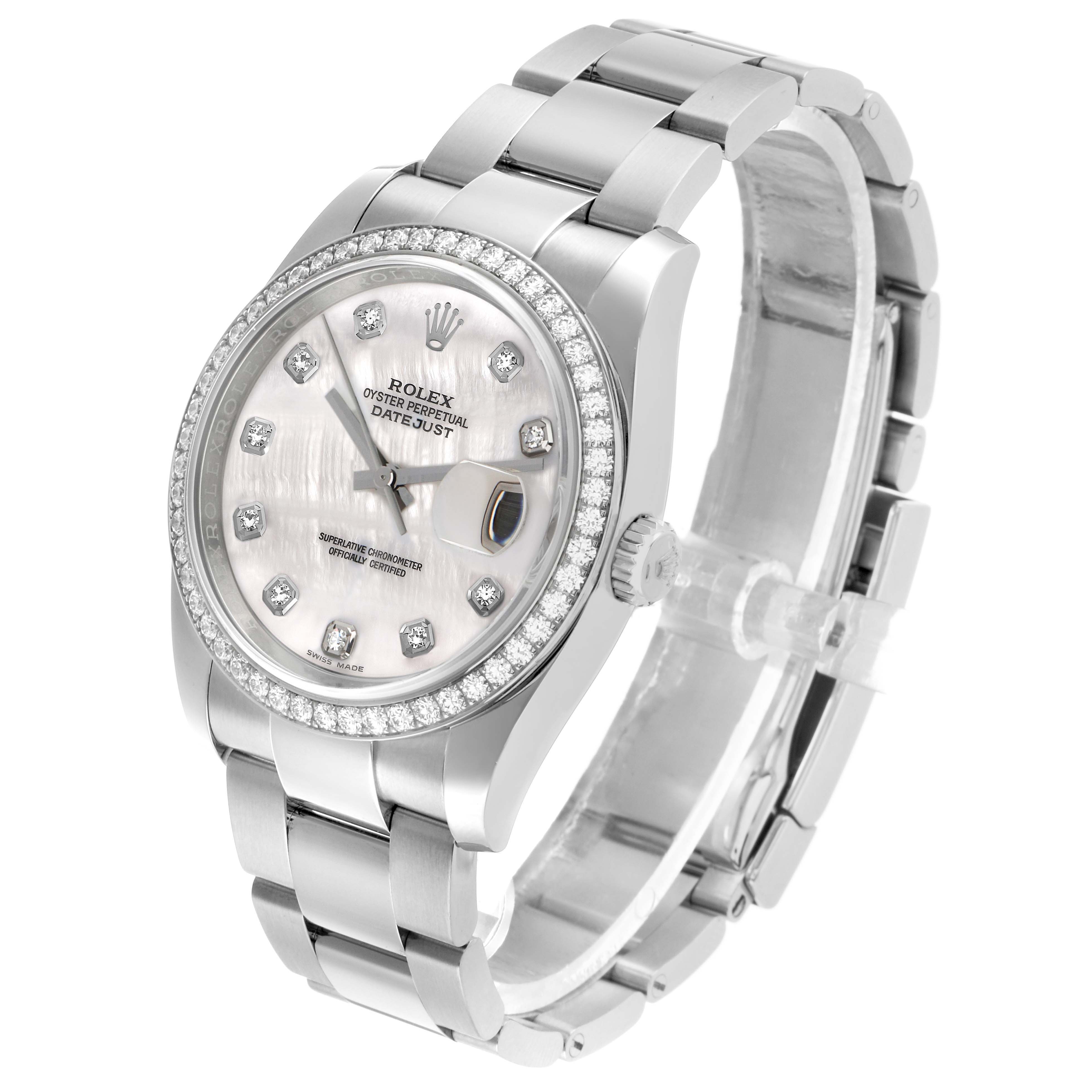 The Rolex Oyster Perpetual 116244 Men's Stainless Steel Mother of Pearl Dial watch is shown at an angled view highlighting the face, bezel, bracelet, and crown.