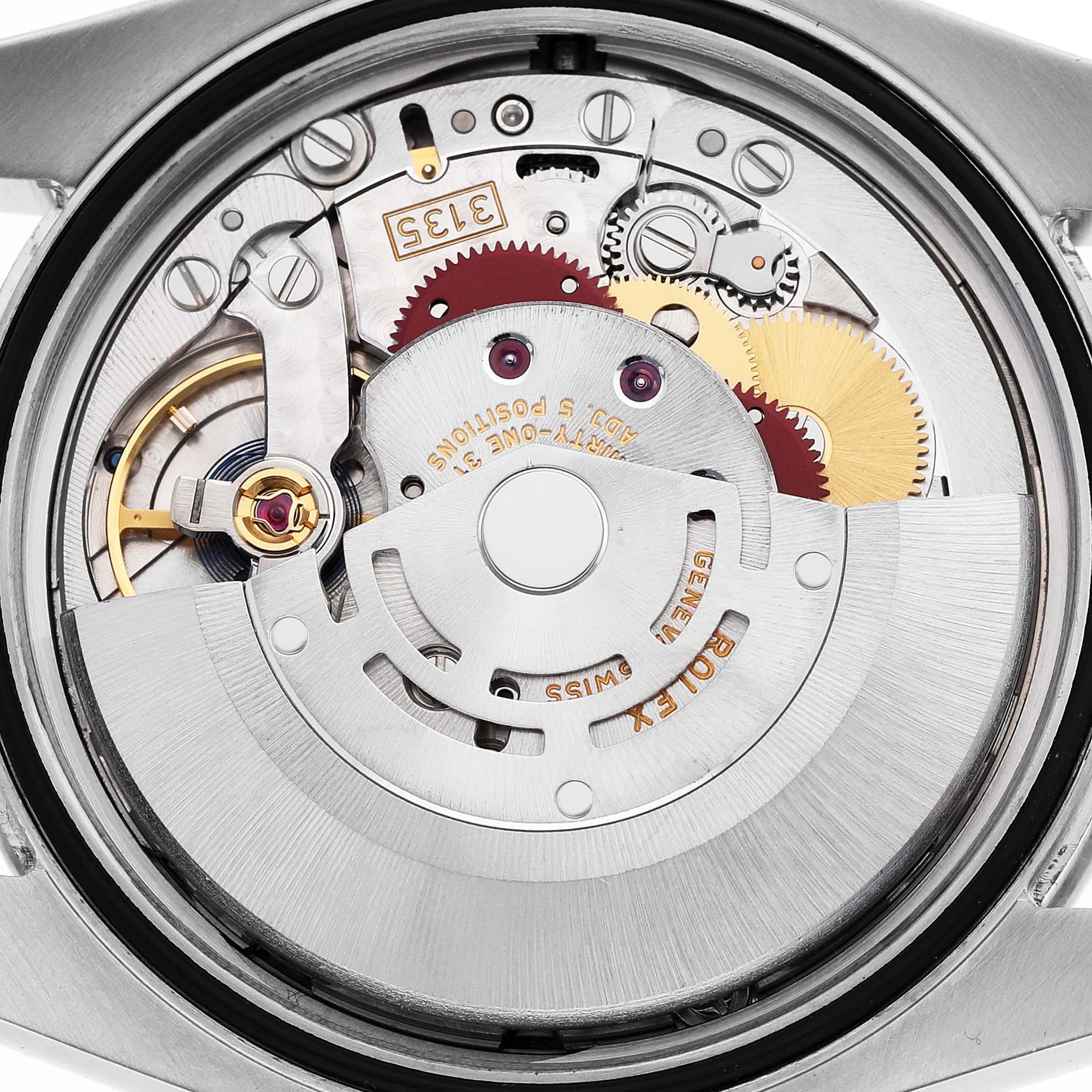 The image shows the movement of a Rolex Oyster Perpetual 116244 Men's Stainless Steel Mother of Pearl Dial watch from a top-down angle, highlighting the rotor and gears.