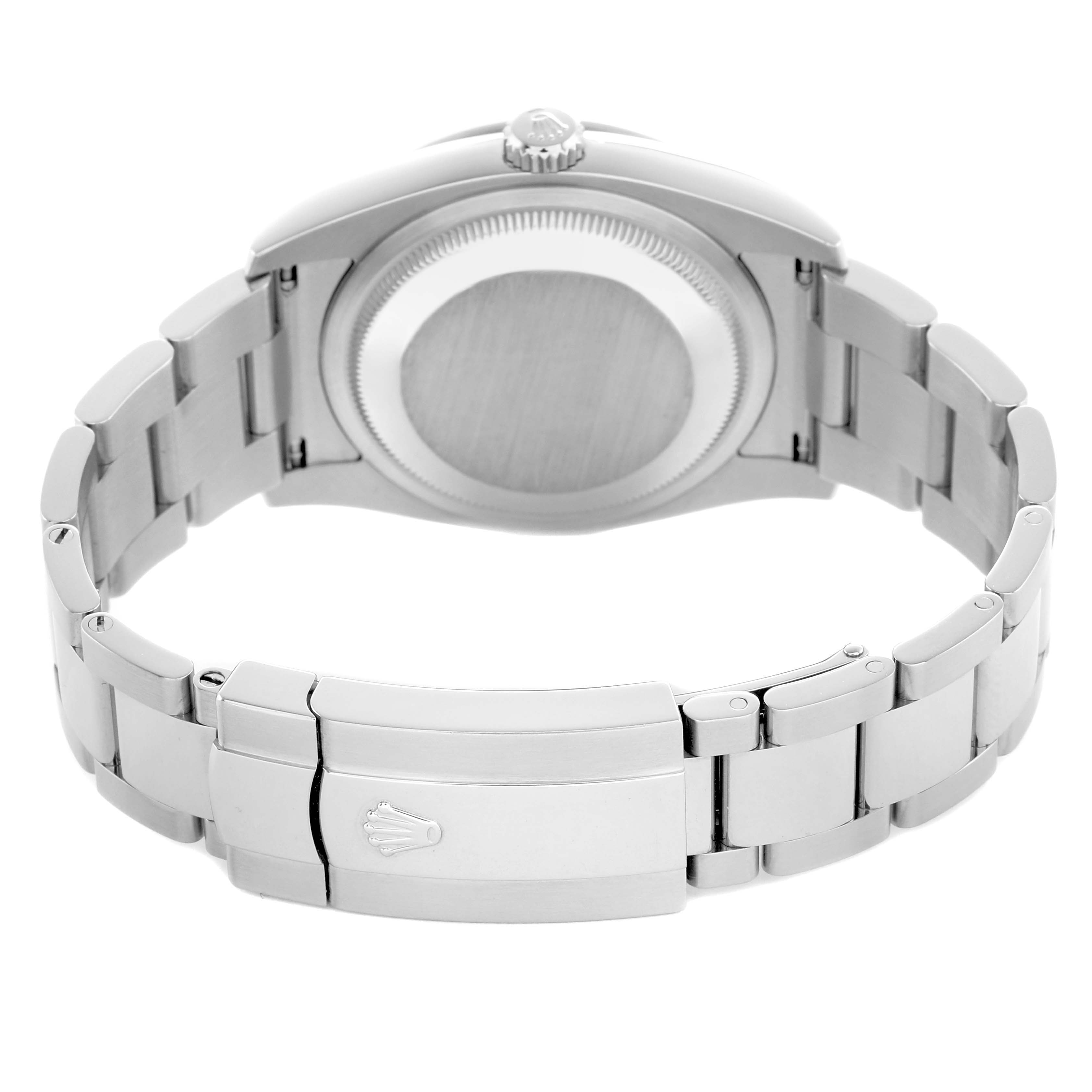 The image shows the back view of a Rolex Oyster Perpetual 116244 Men's Stainless Steel Mother of Pearl Dial, highlighting the case back and bracelet clasp.