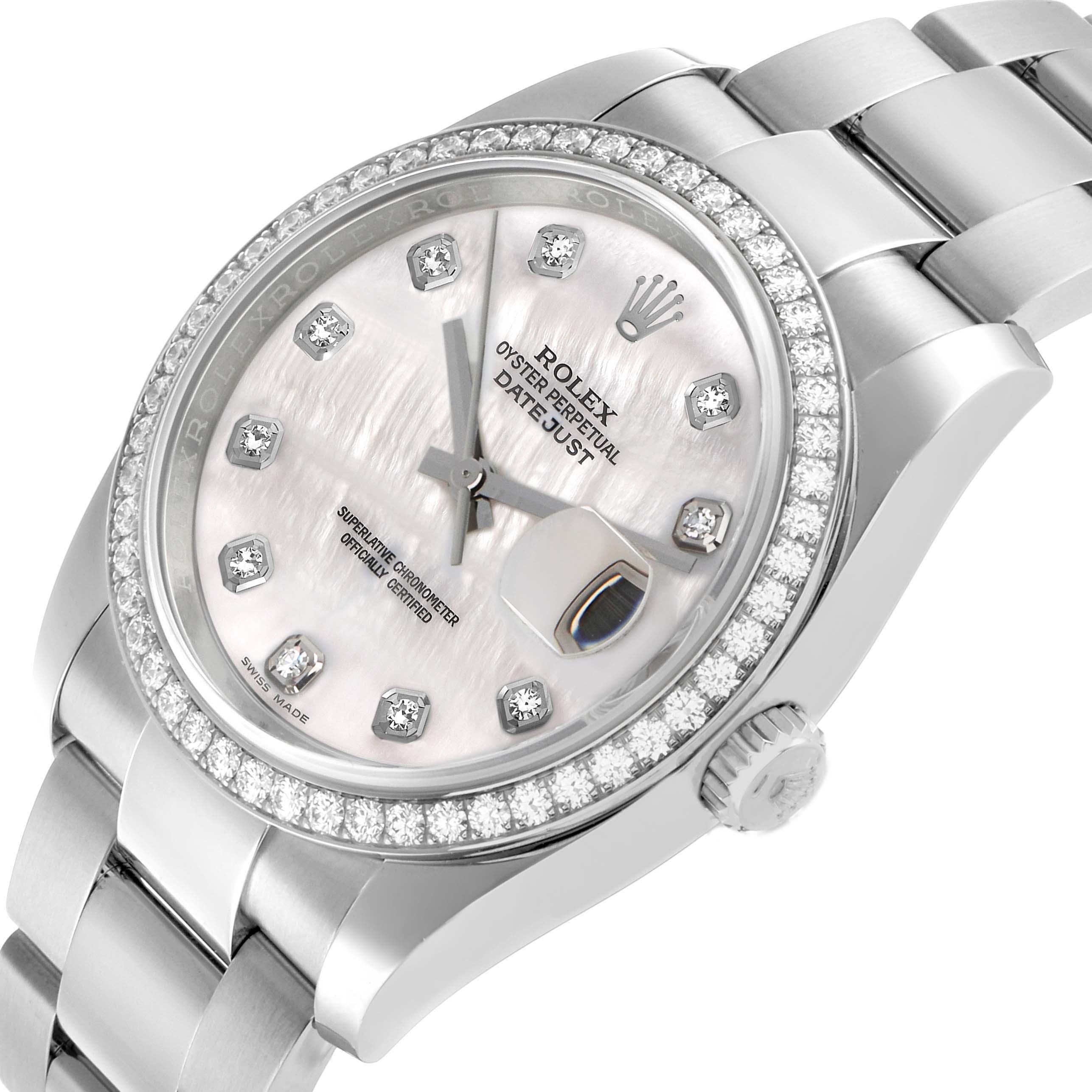 The Rolex Oyster Perpetual 116244 Men's Stainless Steel Mother of Pearl Dial watch is shown at a three-quarter angle, highlighting its dial, bezel, and bracelet.