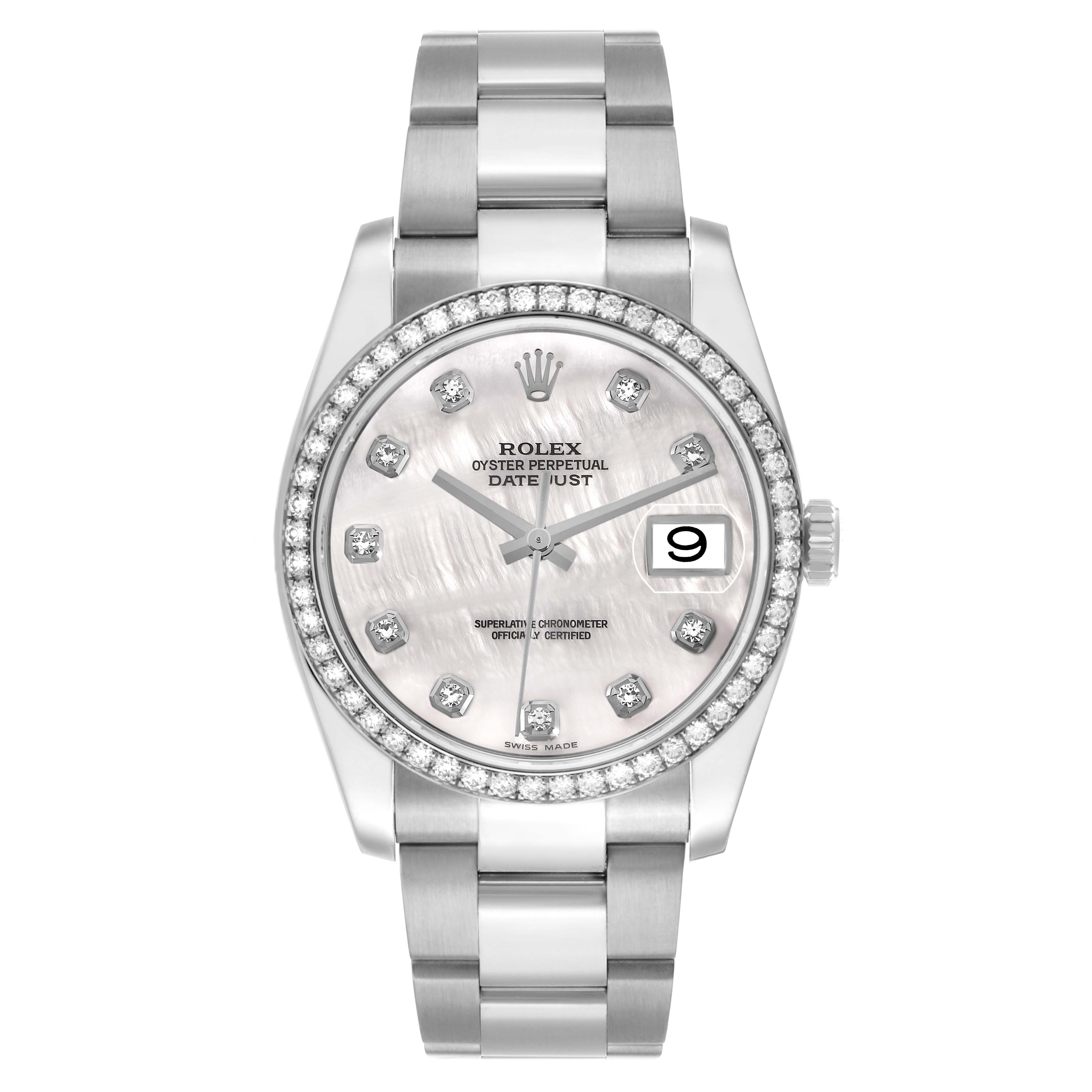 The Rolex Oyster Perpetual 116244 Men's Stainless Steel Mother of Pearl Dial watch is shown from a front view, displaying the dial, bezel, bracelet, and crown.