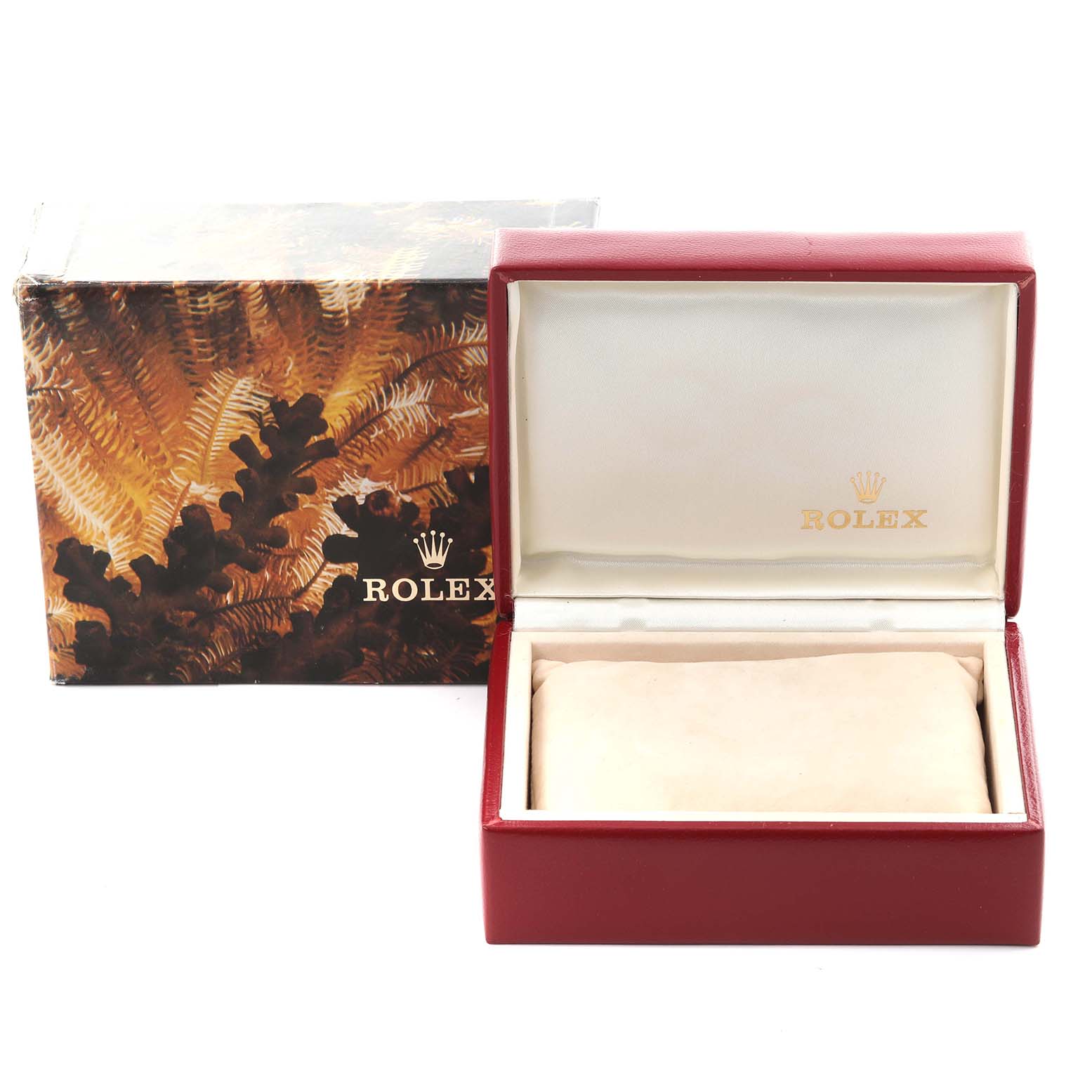 The image shows a Rolex Datejust 69174 Women's Stainless Steel Silver Dial 69174 Women's Stainless Steel Silver Dial box and outer packaging with the lid open, positioned at a front angle.