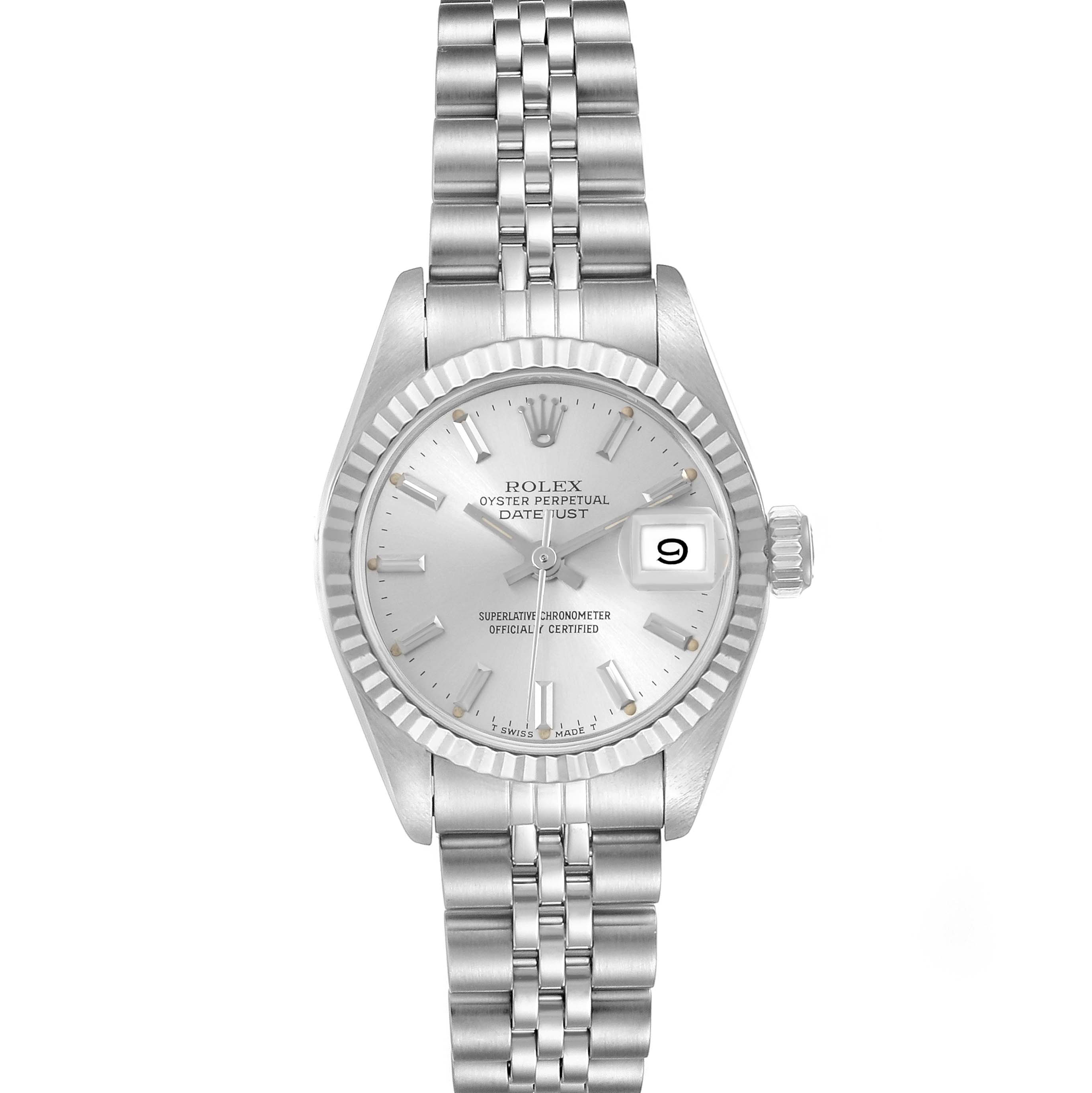 The image shows a front view of the Rolex Datejust 69174 Women's Stainless Steel Silver Dial 69174 Women's Stainless Steel Silver Dial watch, featuring the silver dial, fluted bezel, and Jubilee bracelet.