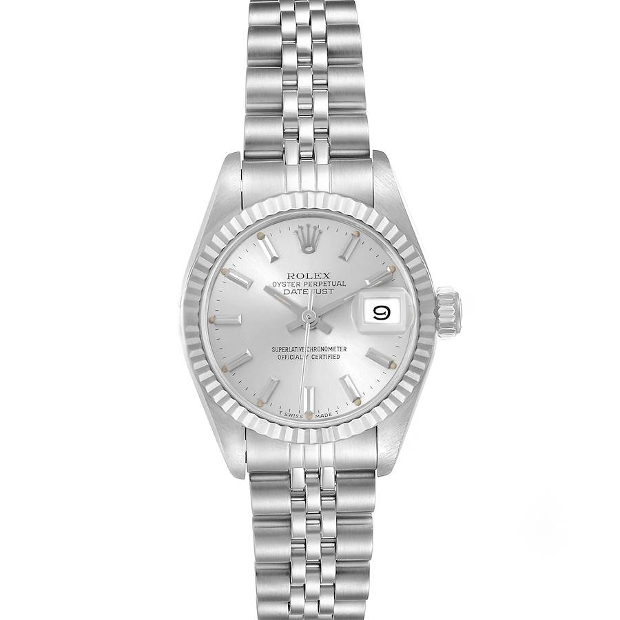 The image shows a front view of the Rolex Datejust watch, featuring the silver dial, fluted bezel, and Jubilee bracelet.