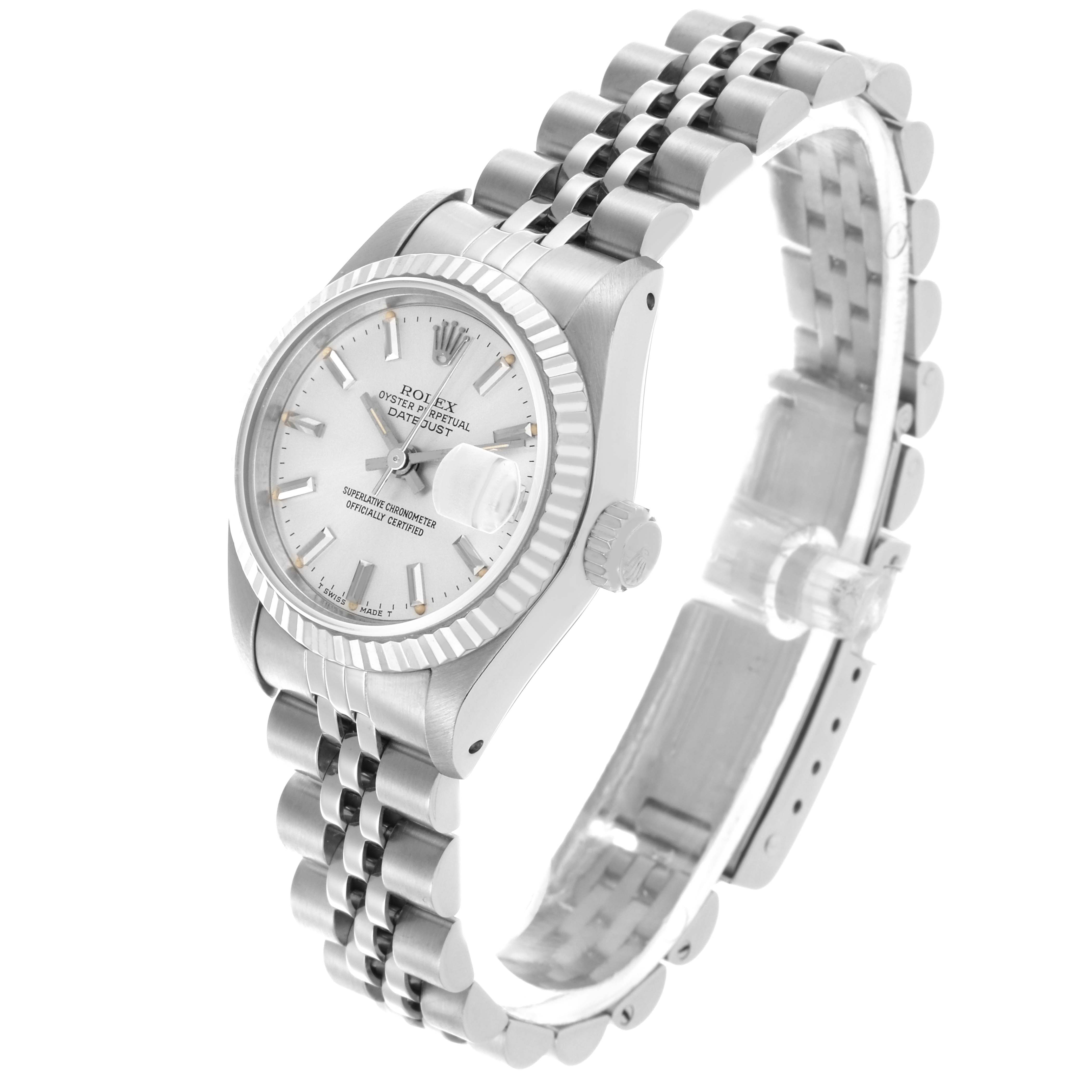 The Rolex Datejust 69174 Women's Stainless Steel Silver Dial 69174 Women's Stainless Steel Silver Dial watch is shown at a three-quarter angle, highlighting the dial, case, crown, and bracelet.