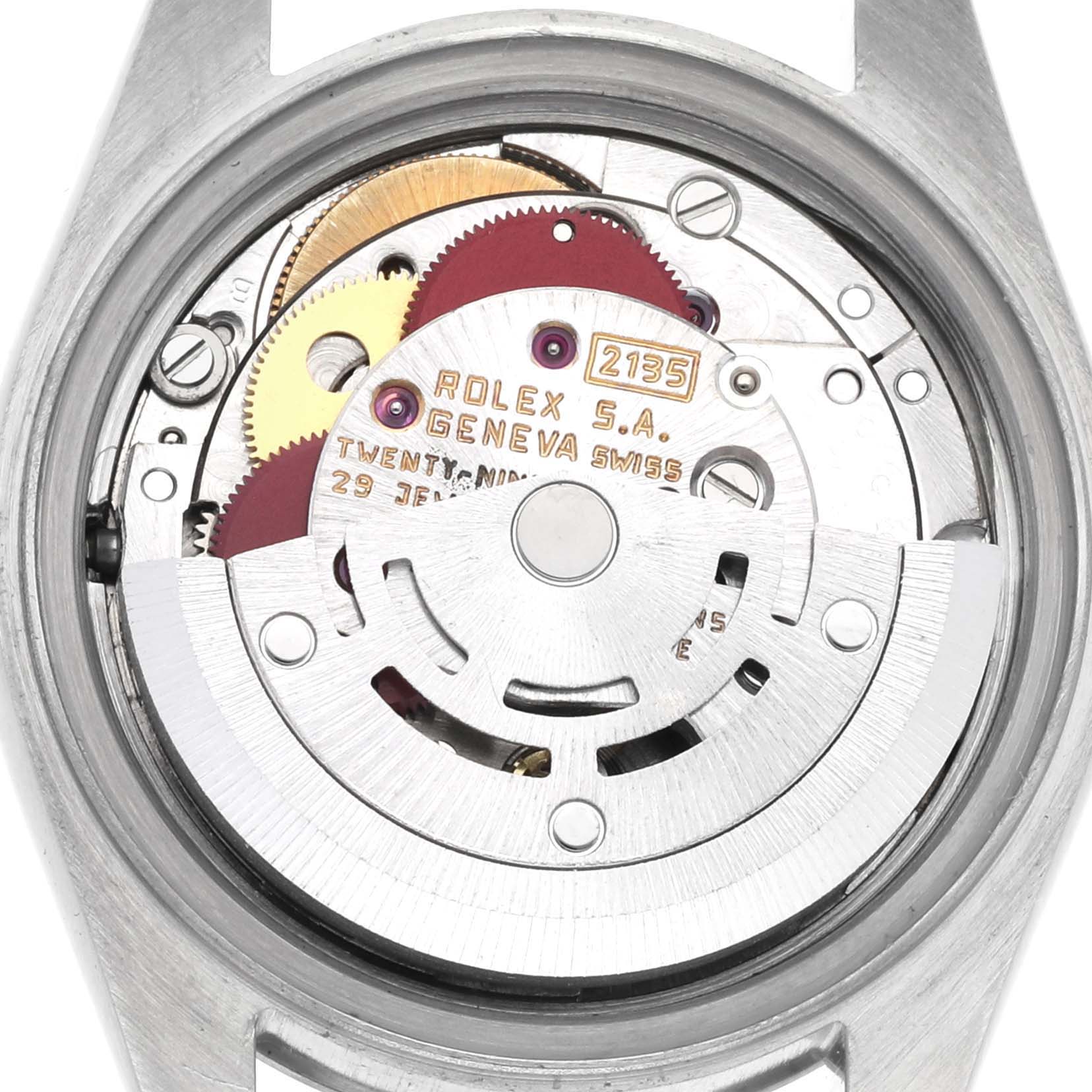 The image shows the movement mechanism of a Rolex Datejust 69174 Women's Stainless Steel Silver Dial 69174 Women's Stainless Steel Silver Dial watch from a rear view angle.