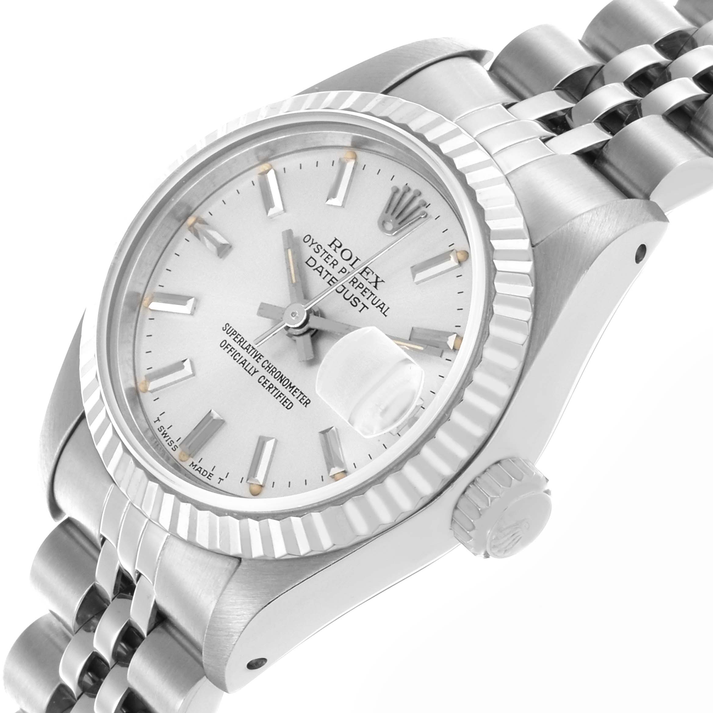 The Rolex Datejust 69174 Women's Stainless Steel Silver Dial 69174 Women's Stainless Steel Silver Dial watch is shown from a side angle, highlighting the face, bezel, crown, and part of the bracelet.