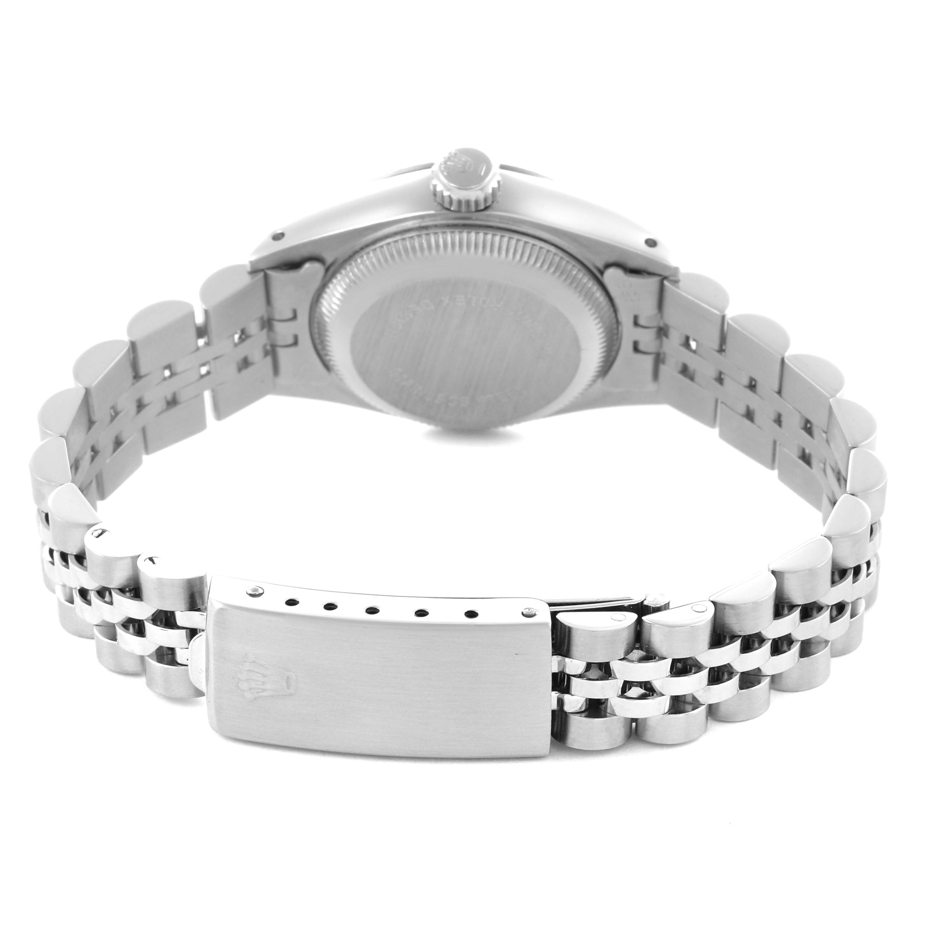The image shows the back of a Rolex Datejust 69174 Women's Stainless Steel Silver Dial 69174 Women's Stainless Steel Silver Dial watch, highlighting the bracelet and clasp.