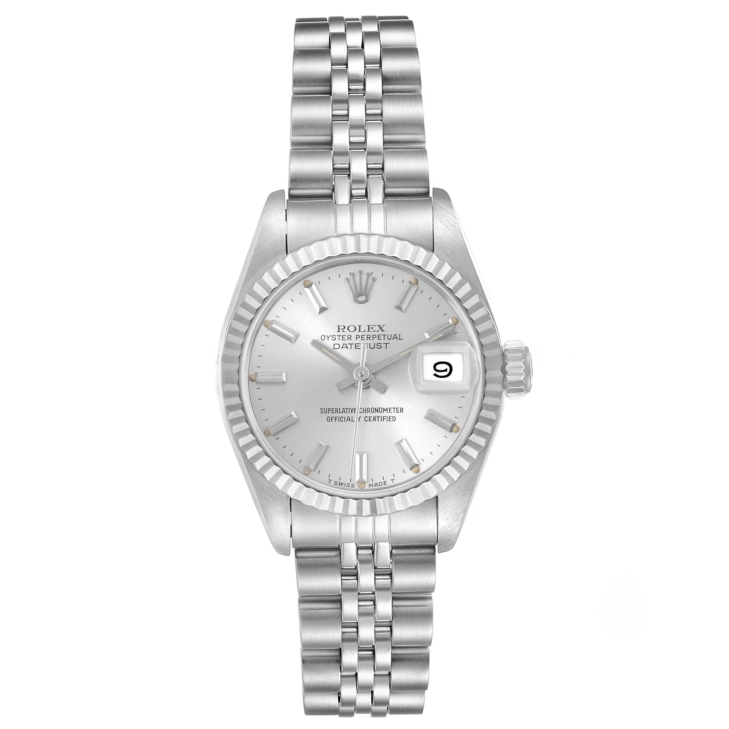 The Rolex Datejust 69174 Women's Stainless Steel Silver Dial 69174 Women's Stainless Steel Silver Dial watch is shown from the front, highlighting the dial, fluted bezel, date window, and Jubilee bracelet.
