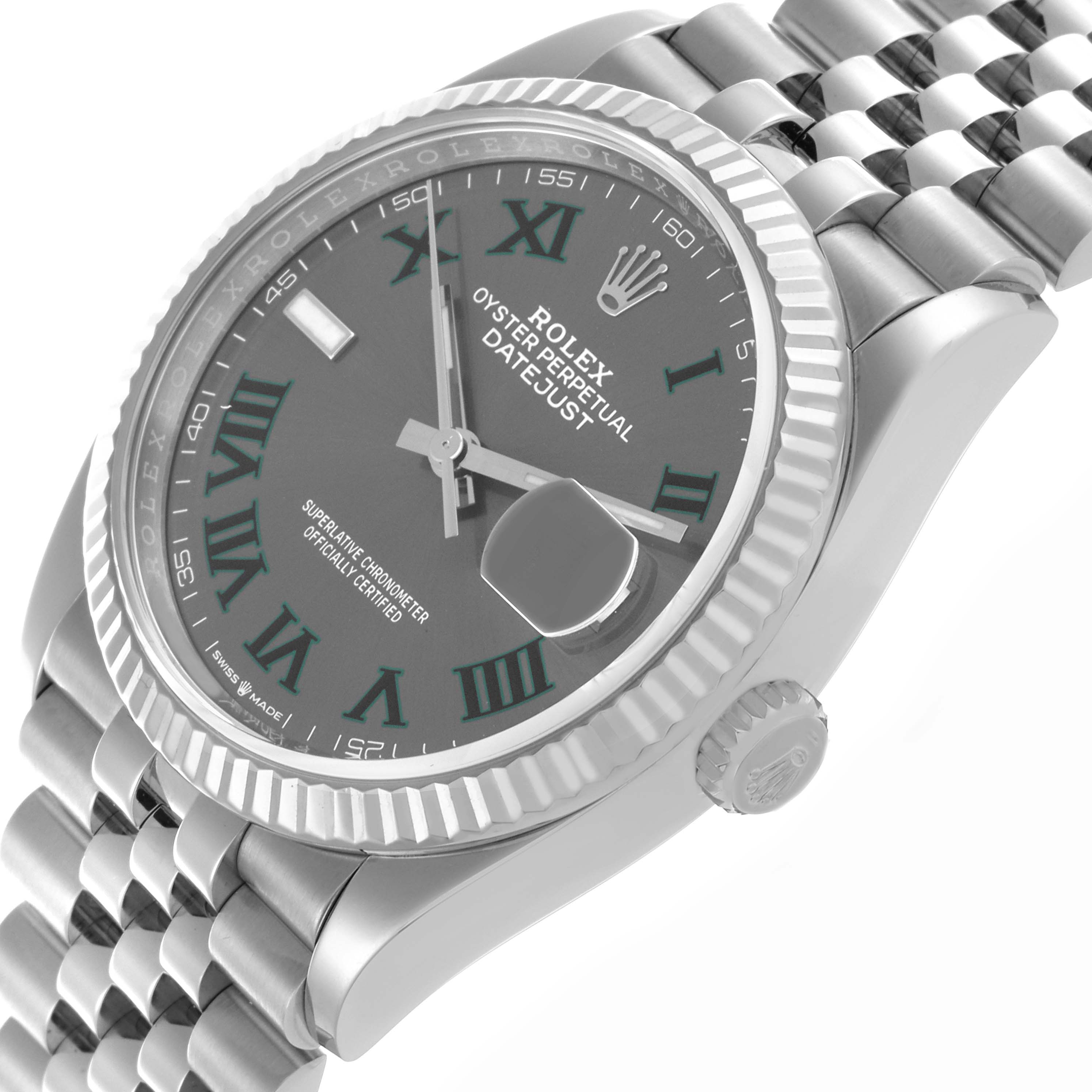 The Rolex Datejust 126234 Men's Stainless Steel Grey Dial 126234 Men's Stainless Steel Grey Dial watch is shown at an angled side view, highlighting the dial, fluted bezel, and Jubilee bracelet.