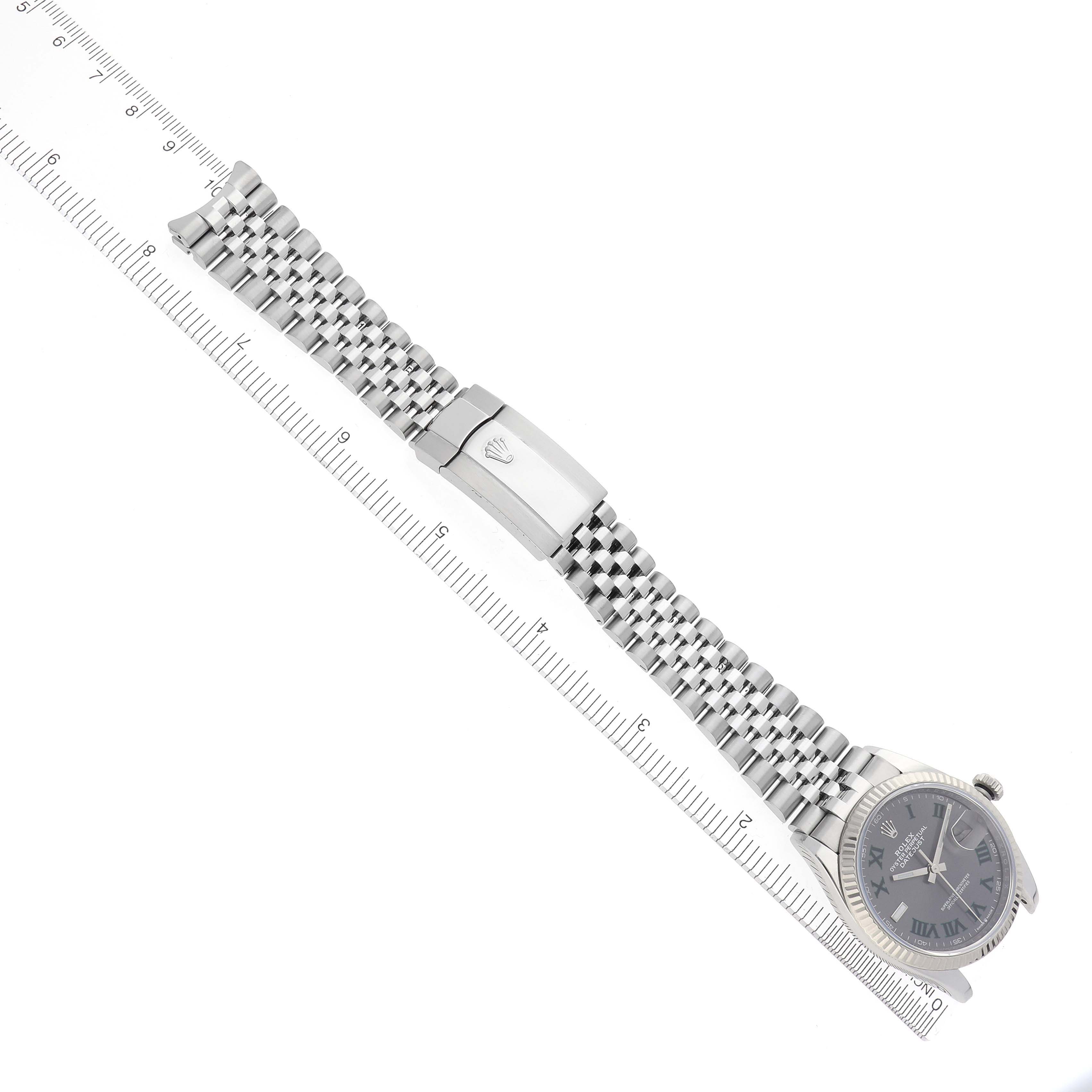 The Rolex Datejust 126234 Men's Stainless Steel Grey Dial 126234 Men's Stainless Steel Grey Dial watch is shown from a top view, highlighting the bracelet and clasp.