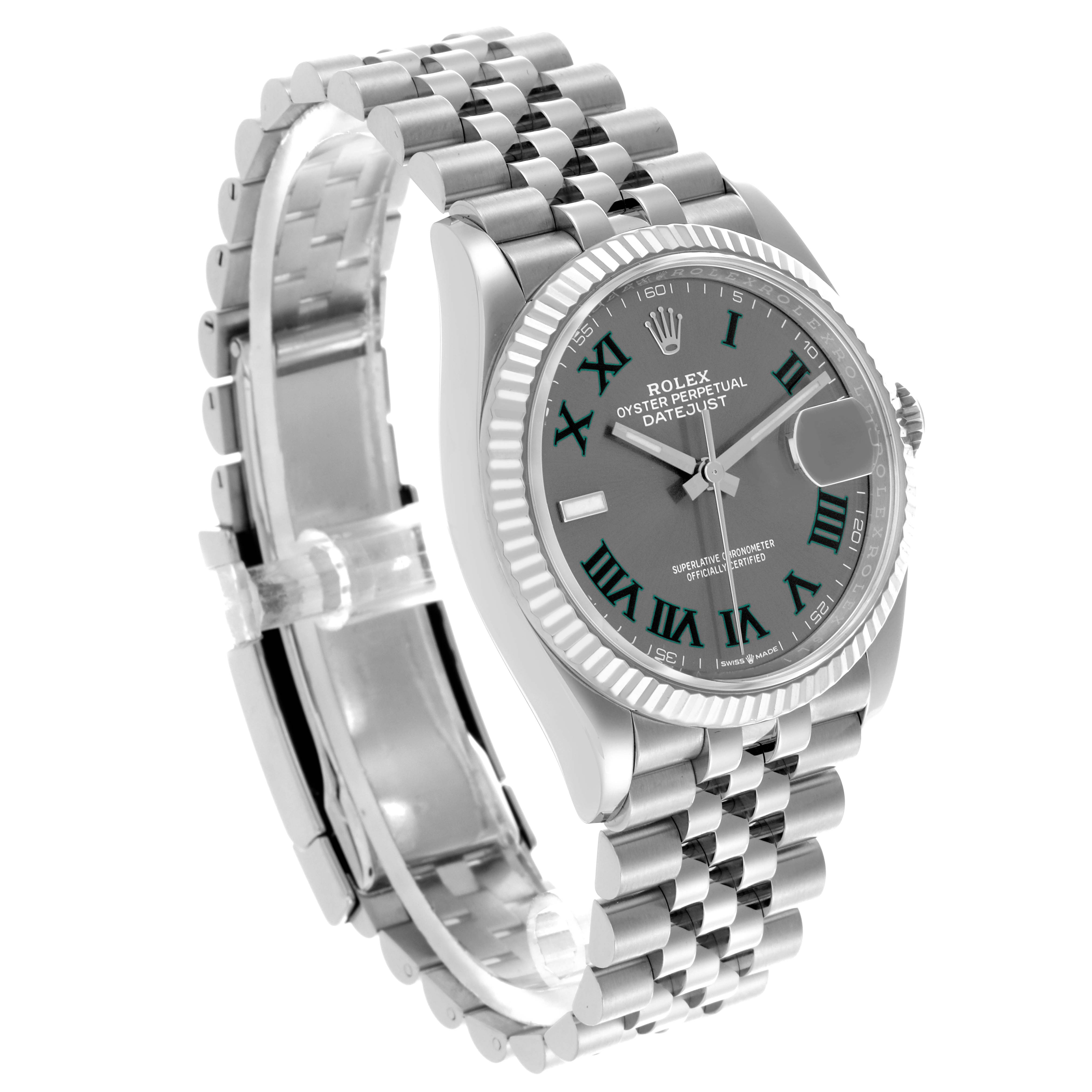 The Rolex Datejust 126234 Men's Stainless Steel Grey Dial 126234 Men's Stainless Steel Grey Dial watch is shown at an angle highlighting its dial, fluted bezel, and jubilee bracelet.