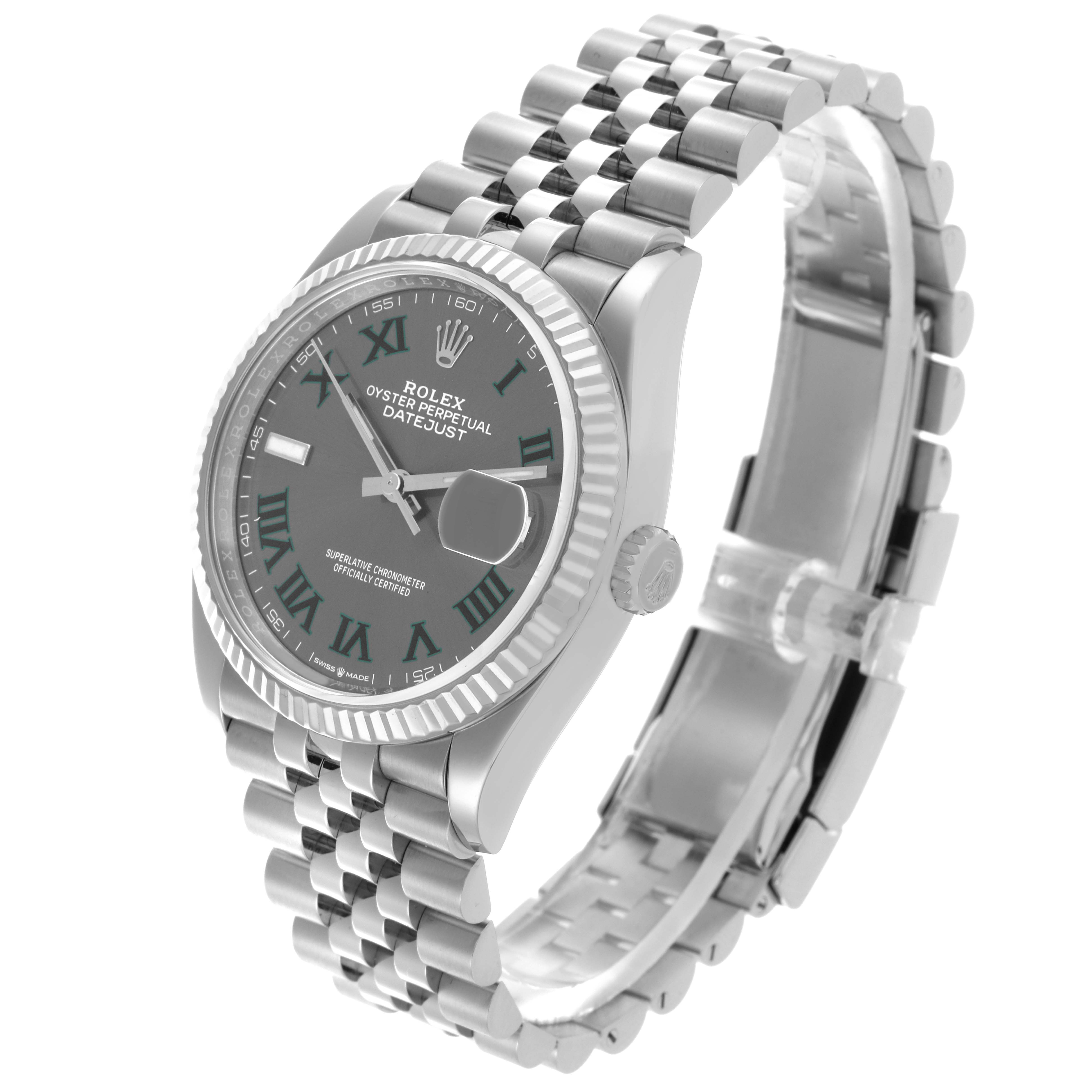 The Rolex Datejust 126234 Men's Stainless Steel Grey Dial 126234 Men's Stainless Steel Grey Dial watch is shown at an angled side view displaying the face, bezel, crown, and a portion of the bracelet.