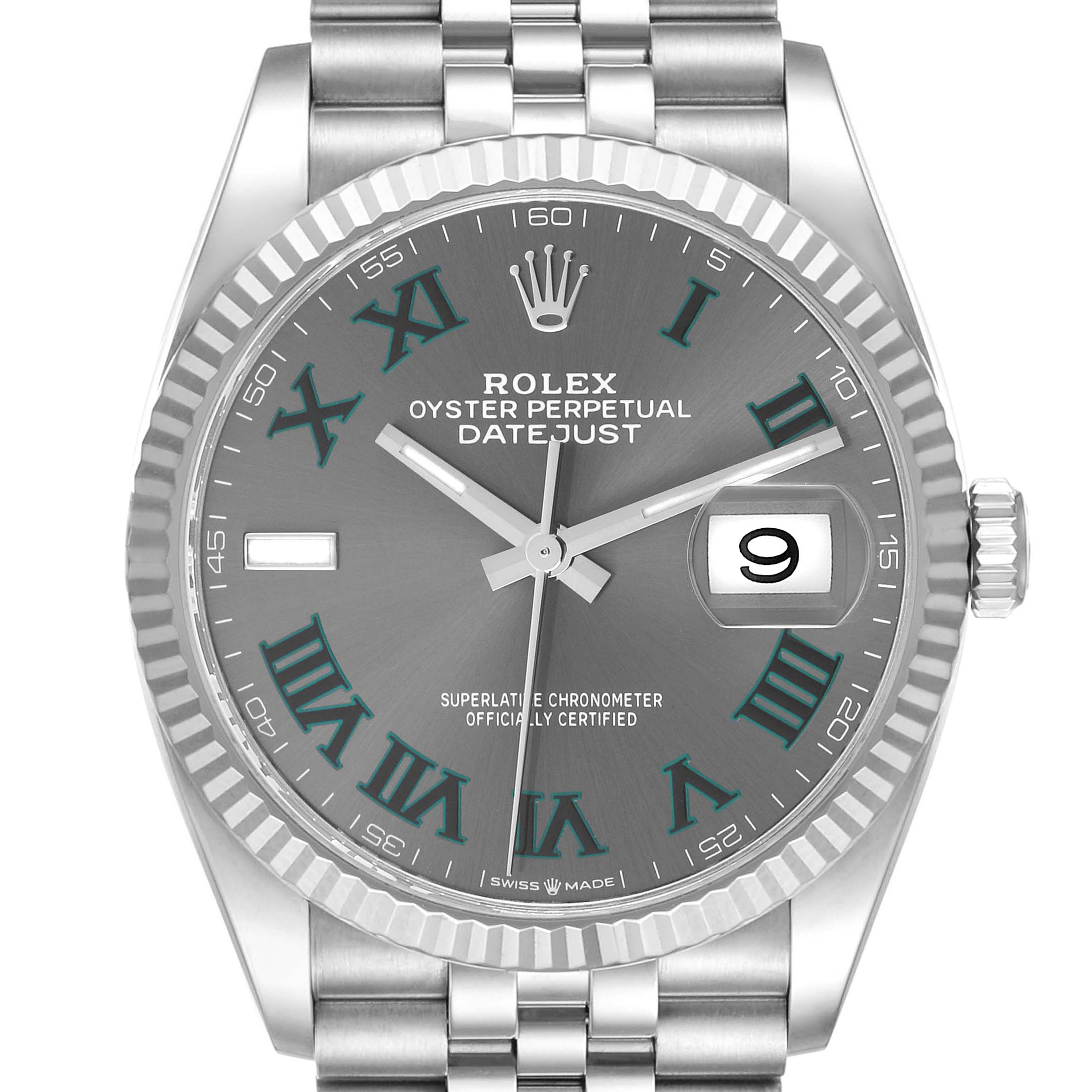 The Rolex Datejust 126234 Men's Stainless Steel Grey Dial 126234 Men's Stainless Steel Grey Dial watch is shown from a frontal angle, displaying the dial, hands, bezel, crown, and part of the bracelet.
