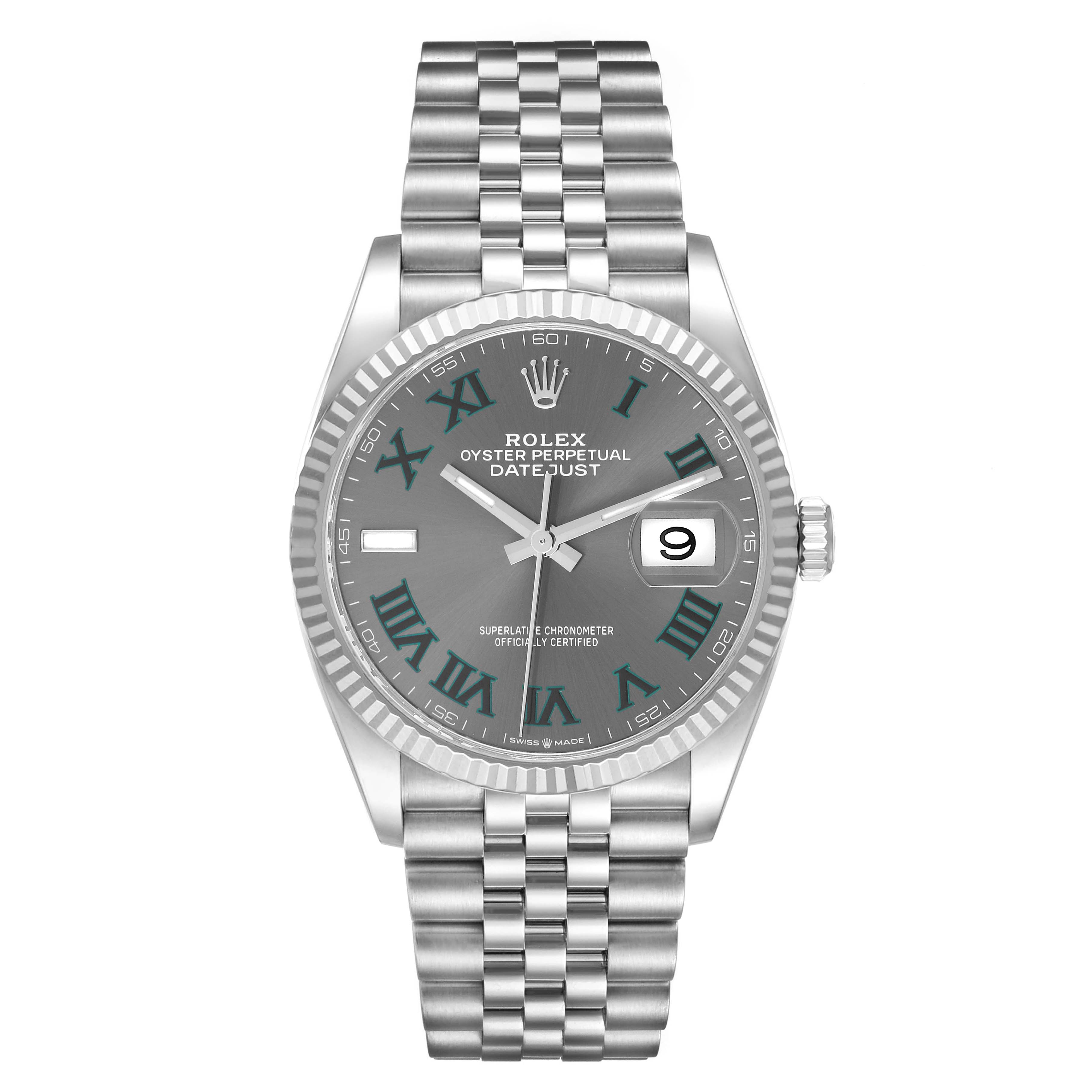 The Rolex Datejust 126234 Men's Stainless Steel Grey Dial 126234 Men's Stainless Steel Grey Dial watch is shown from the front, displaying the dial, bezel, and bracelet.