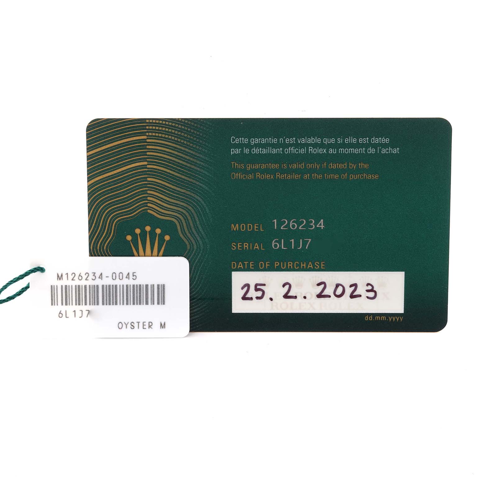 The image shows a guarantee card for the Rolex Datejust 126234 Men's Stainless Steel Grey Dial 126234 Men's Stainless Steel Grey Dial model 126234 with serial number 6L1J7.