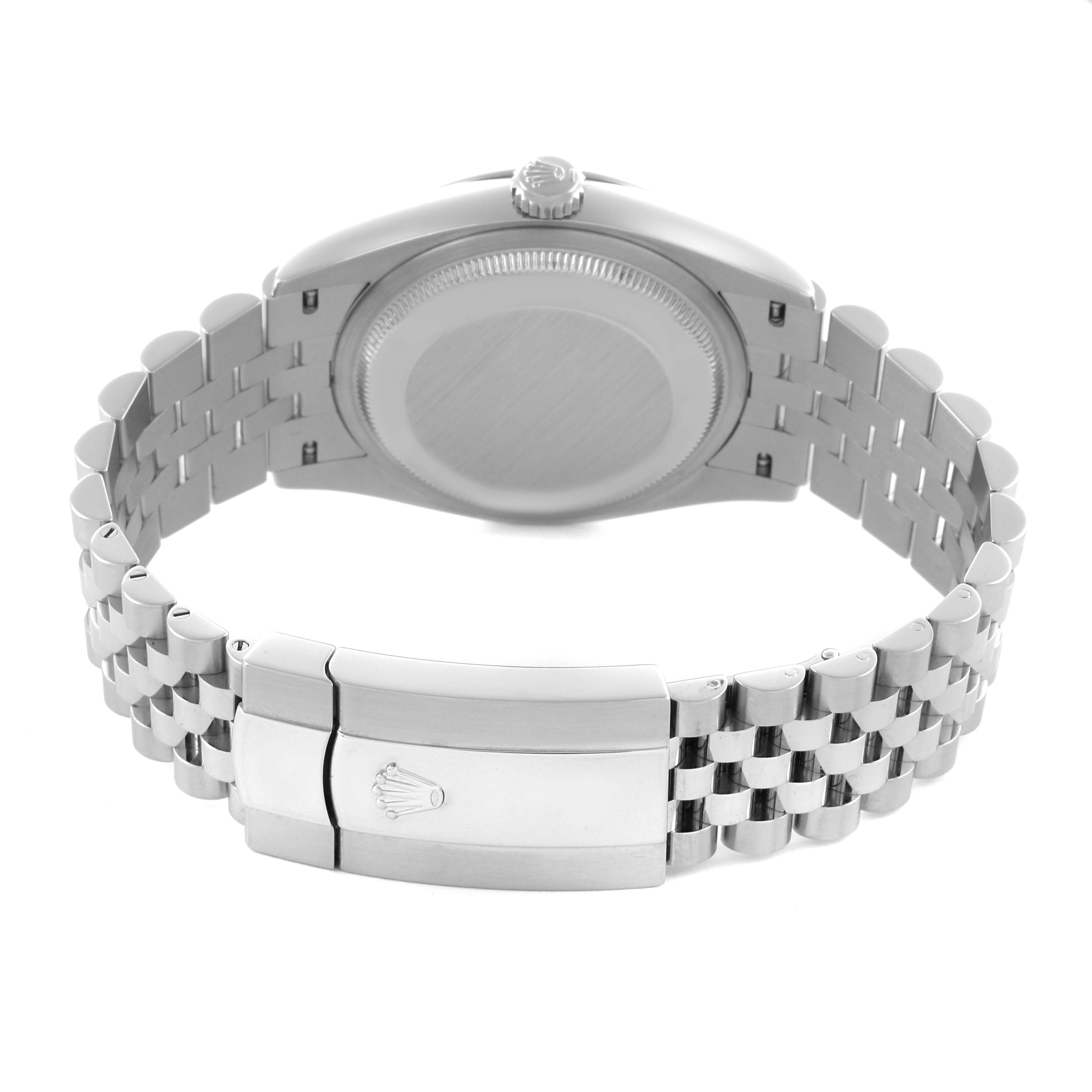 The image shows the back of a Rolex Datejust 126234 Men's Stainless Steel Grey Dial 126234 Men's Stainless Steel Grey Dial watch including the case back and Jubilee bracelet with clasp.