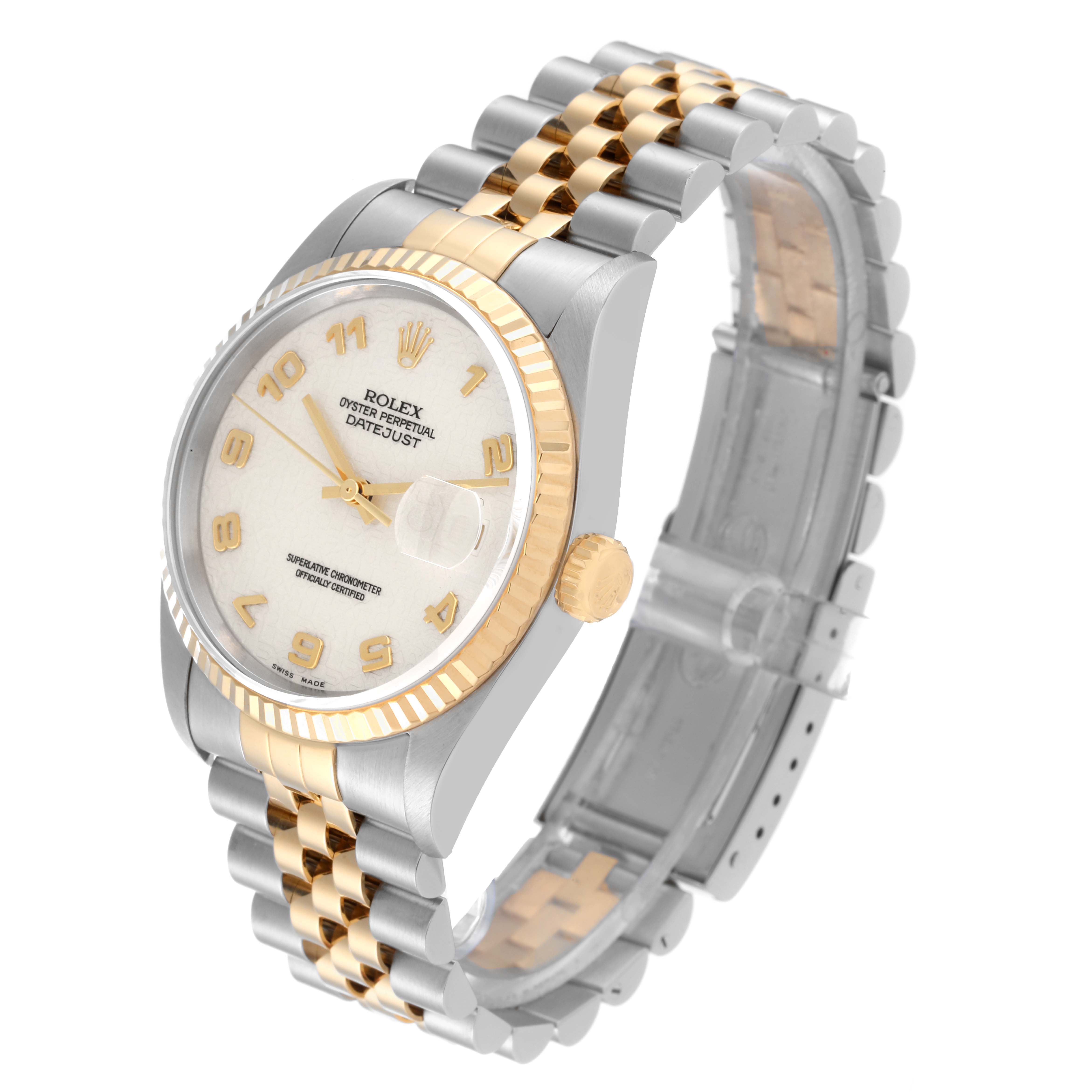 This is a Rolex Datejust 16233 Men's Steel and Gold (two tone) Beige Dial 16233 Men's Steel and Gold (two tone) Beige Dial watch shown at a three-quarter angle, featuring its dial, bezel, crown, and Jubilee bracelet.
