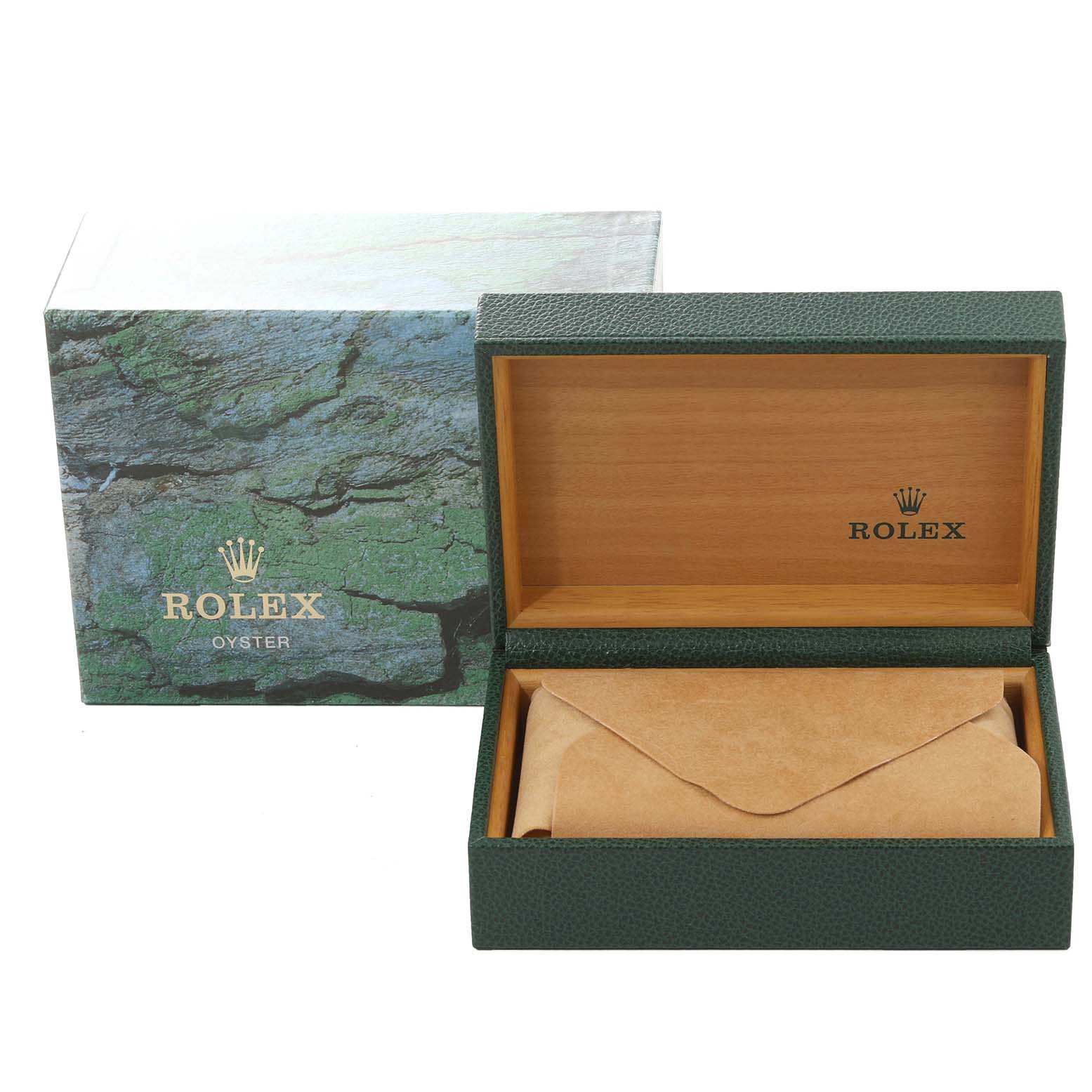 The image shows an angled view of the Rolex Datejust 16233 Men's Steel and Gold (two tone) Beige Dial 16233 Men's Steel and Gold (two tone) Beige Dial watch box and packaging, featuring an outer cardboard box and an open inner box.