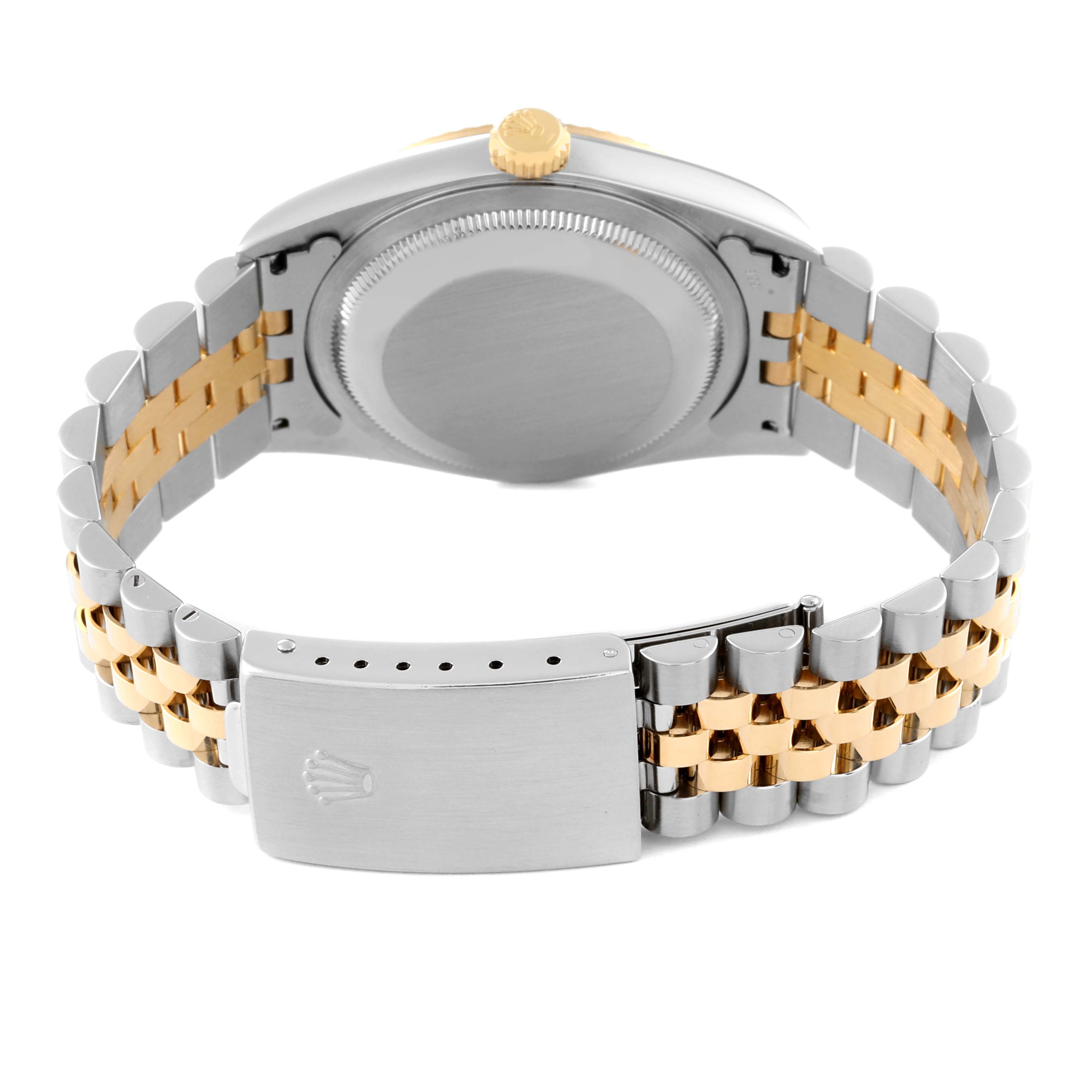 The image shows the back view of a Rolex Datejust 16233 Men's Steel and Gold (two tone) Beige Dial 16233 Men's Steel and Gold (two tone) Beige Dial watch, highlighting the case back, crown, and two-tone bracelet with the clasp.