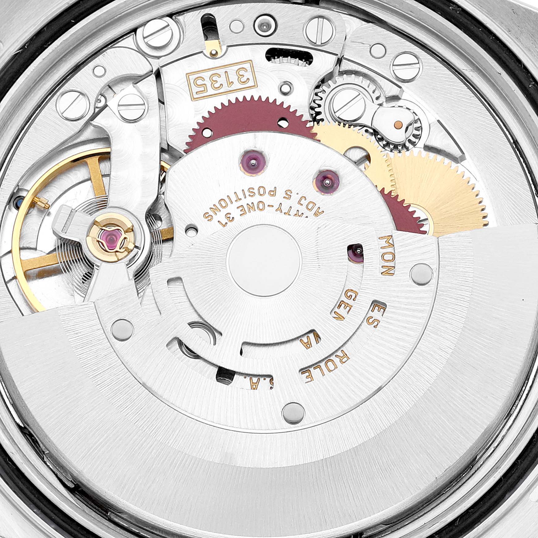 The image shows a close-up view of the internal mechanism of a Rolex Datejust 16233 Men's Steel and Gold (two tone) Beige Dial 16233 Men's Steel and Gold (two tone) Beige Dial watch, highlighting its gears and components.