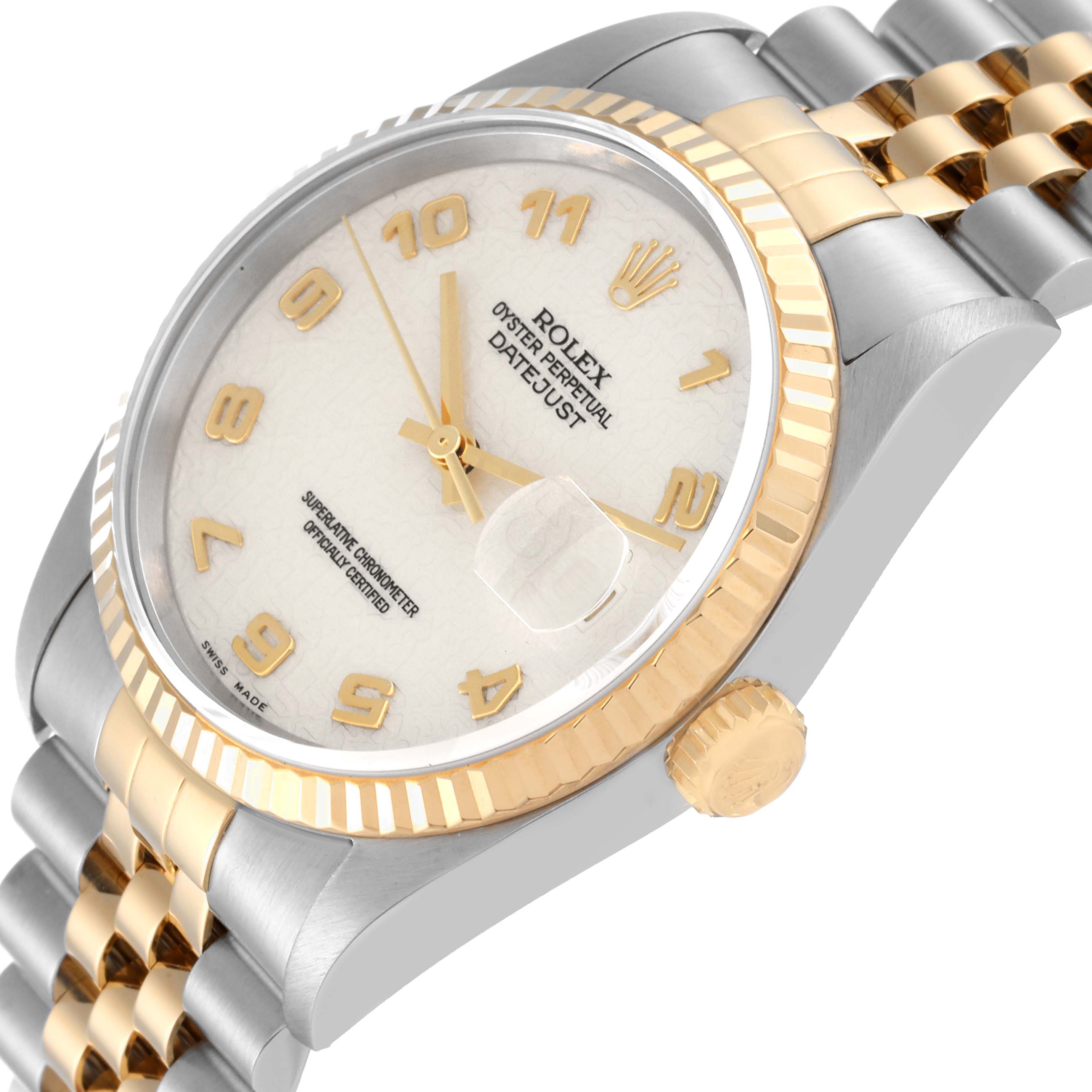 The image shows a Rolex Datejust 16233 Men's Steel and Gold (two tone) Beige Dial 16233 Men's Steel and Gold (two tone) Beige Dial watch at a slight angle featuring its dial, crown, and two-tone bracelet.