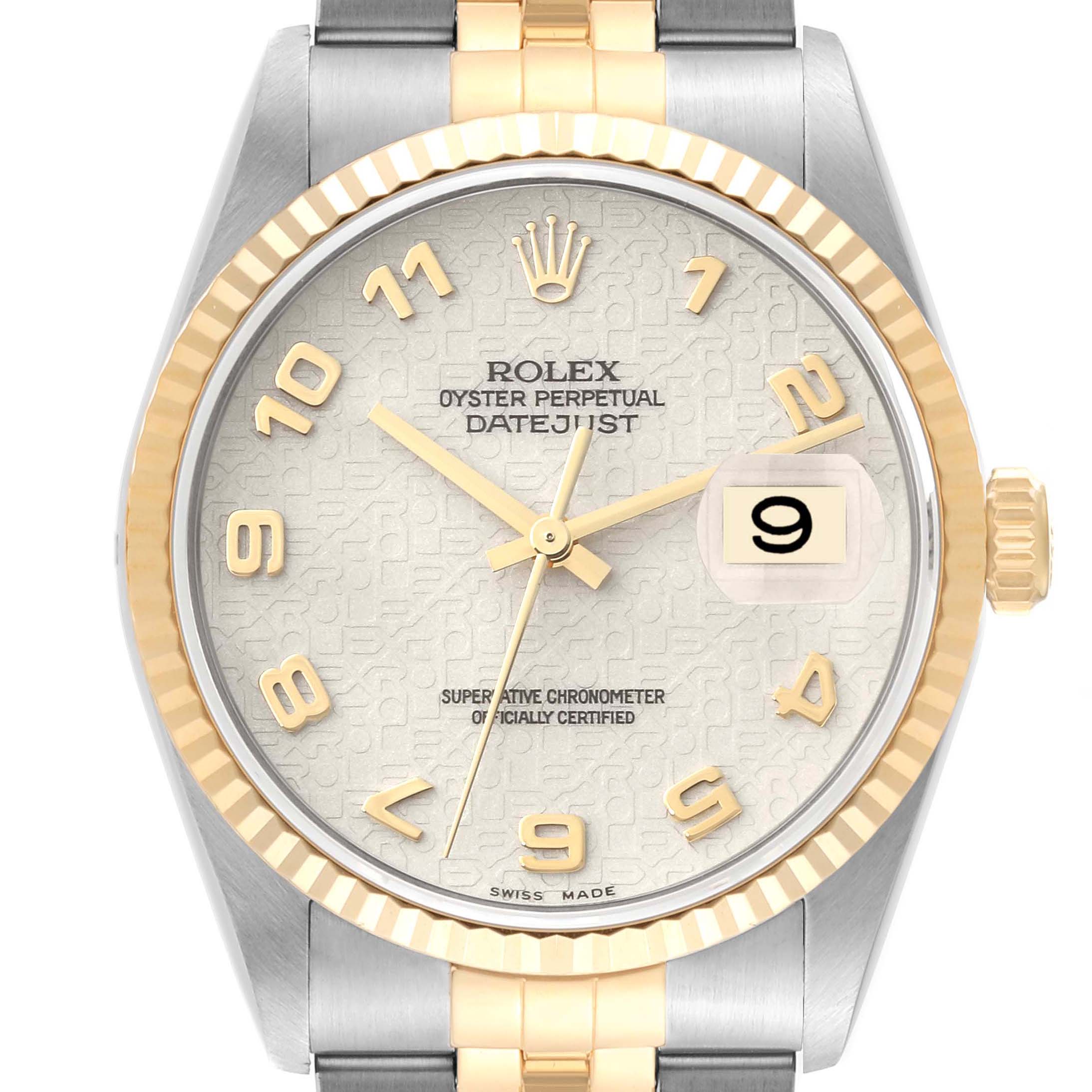 The Rolex Datejust 16233 Men's Steel and Gold (two tone) Beige Dial 16233 Men's Steel and Gold (two tone) Beige Dial watch is shown from a front angle, displaying the dial, bezel, and part of the bracelet.